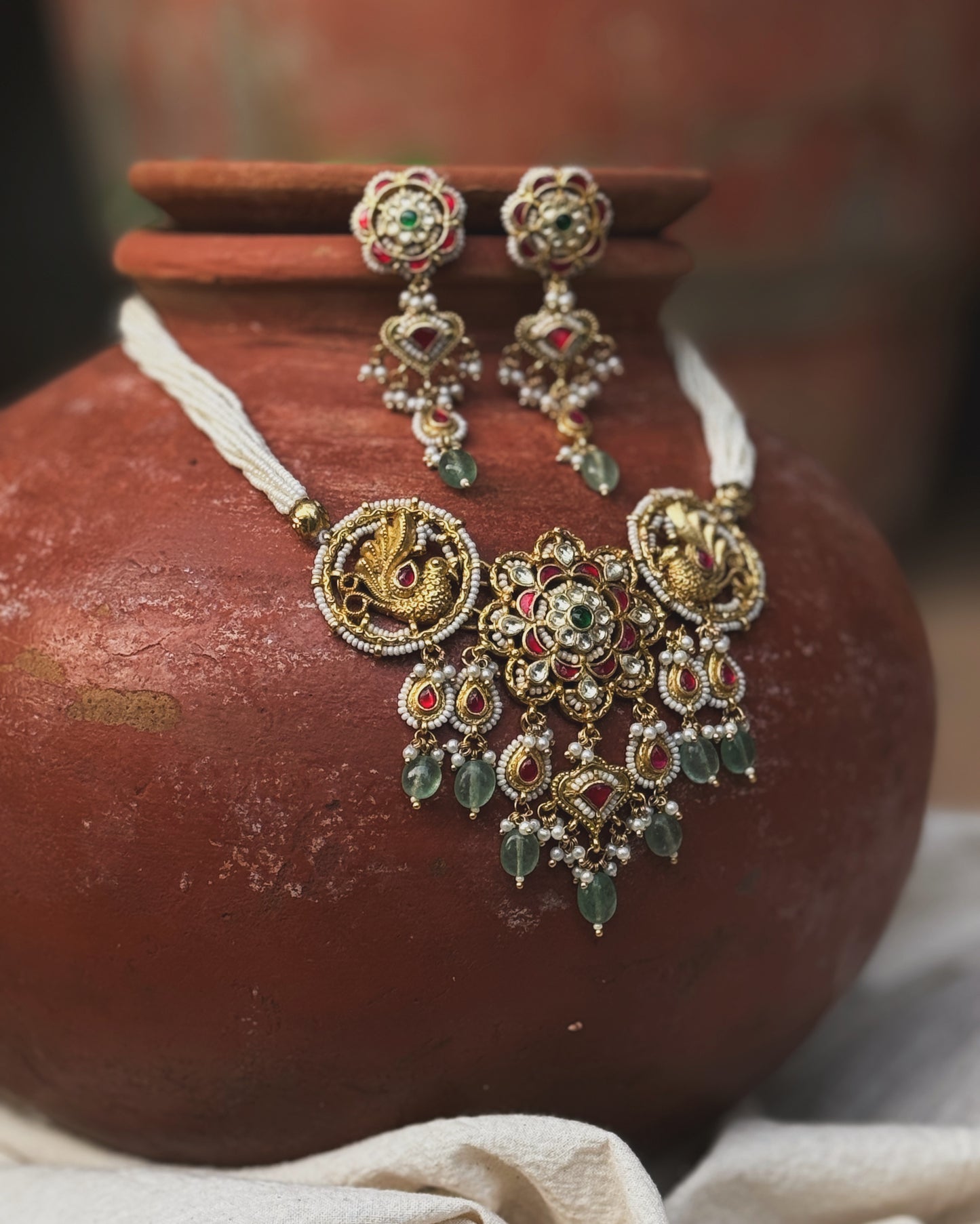 Handcrafted Jadau Choker set with beaded lace