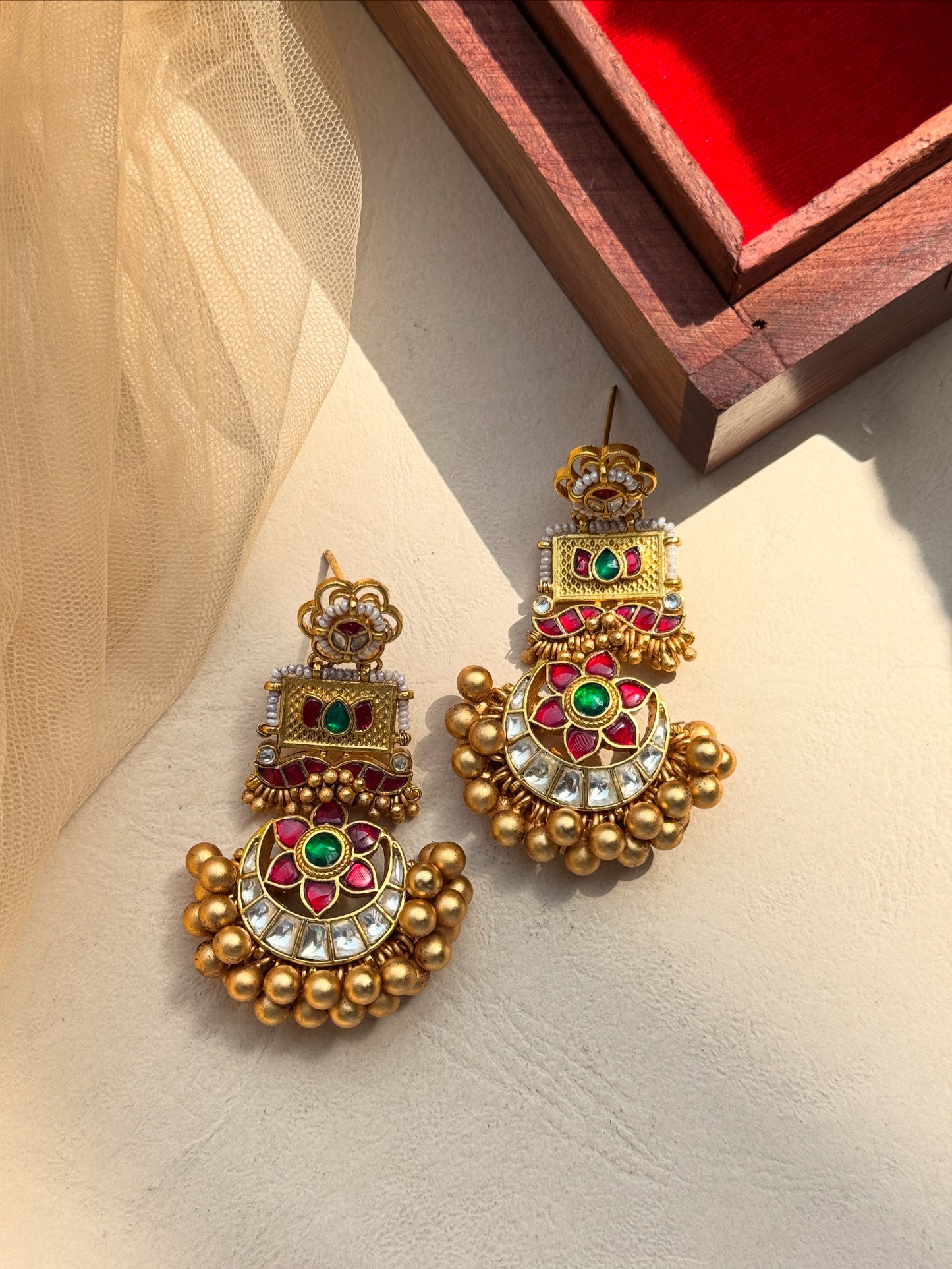 Antique Golden Jadau Earrings with Jali Motif
