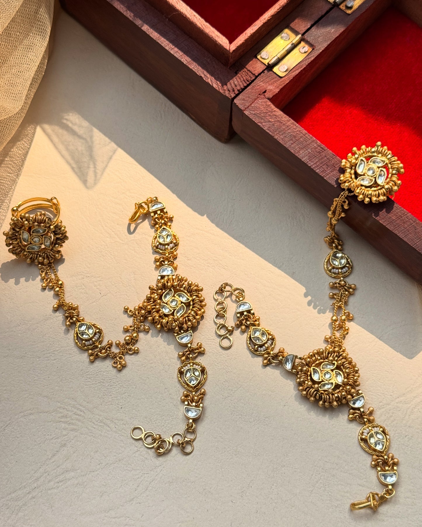 Golden Small beaded Hathphool with White Stones