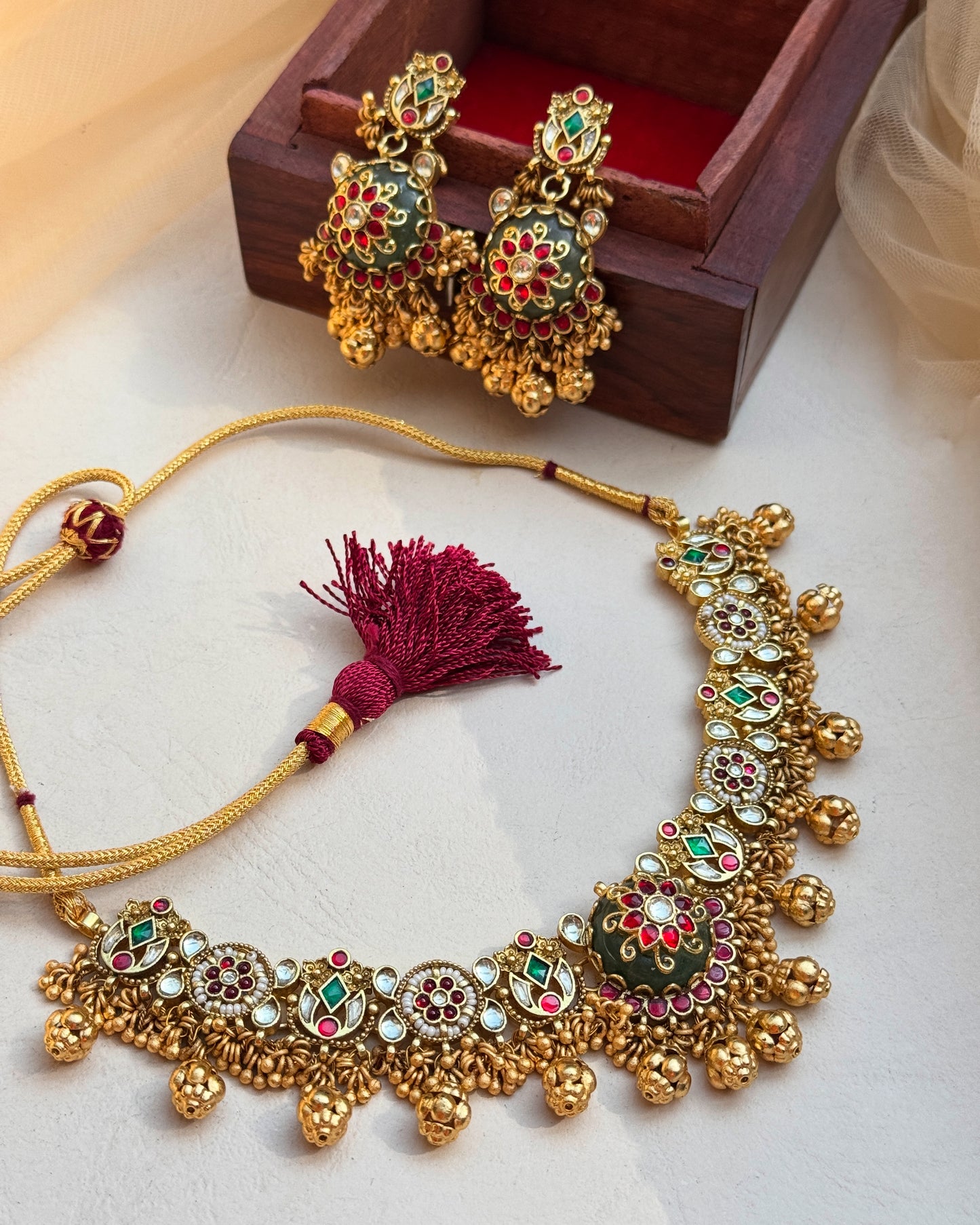 Traditional Gold Plated Necklace Set with colored stones