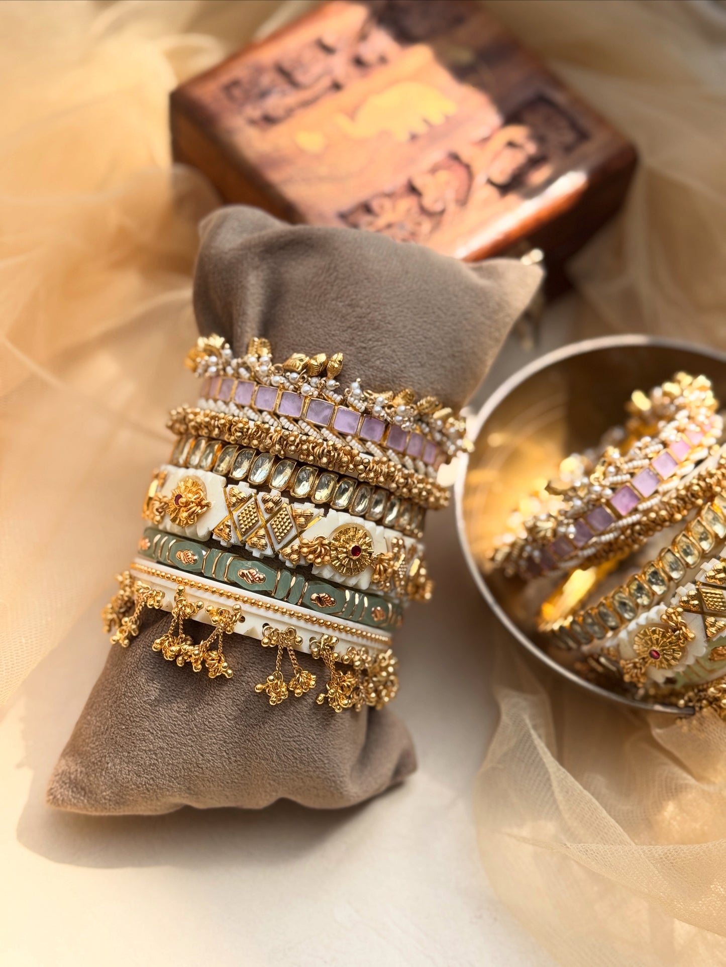 Heritage Jadau Bangle set made with stones and chain ghunghris