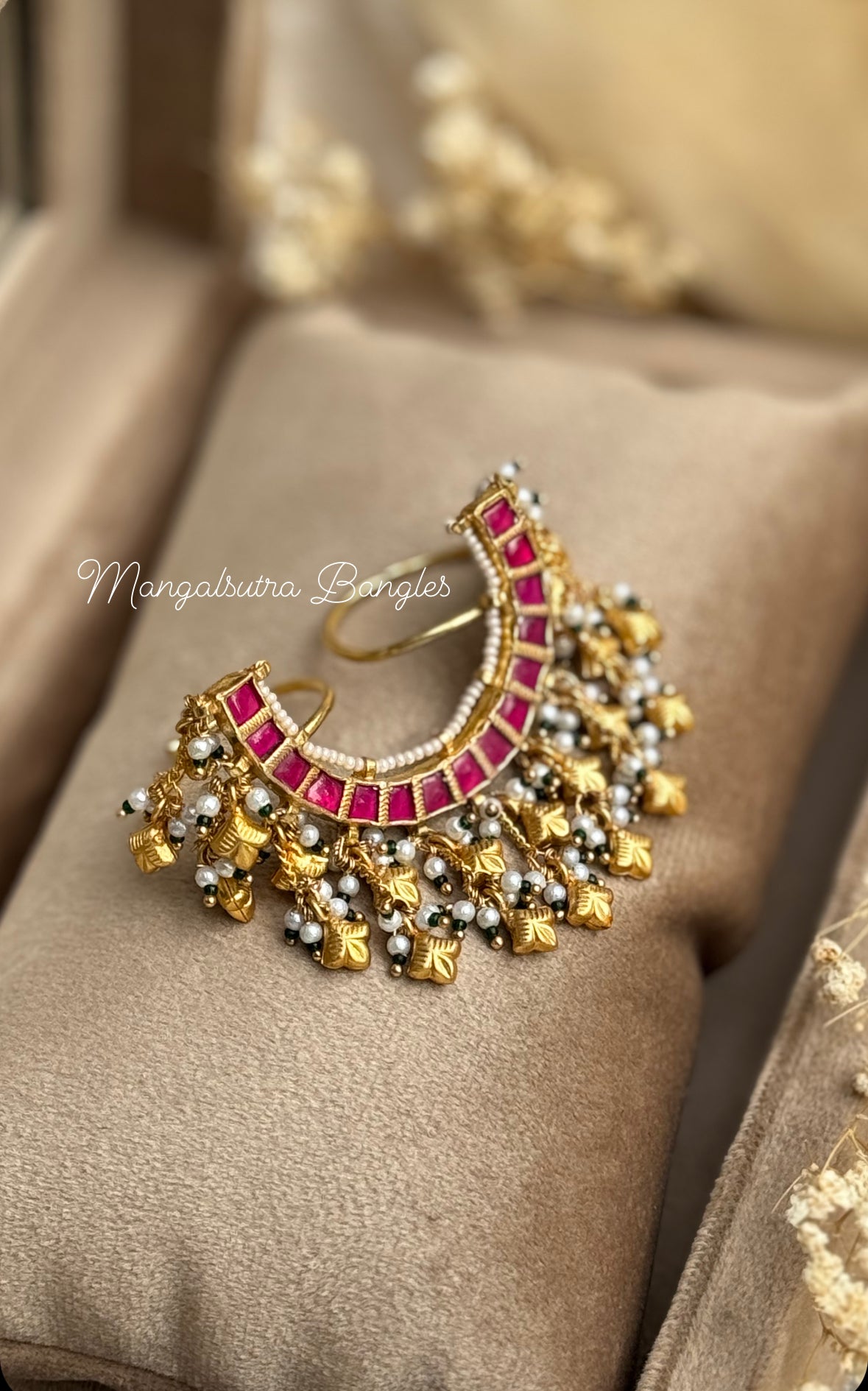 Jadau Pink stone Gold Plated Half Circle shape Ring