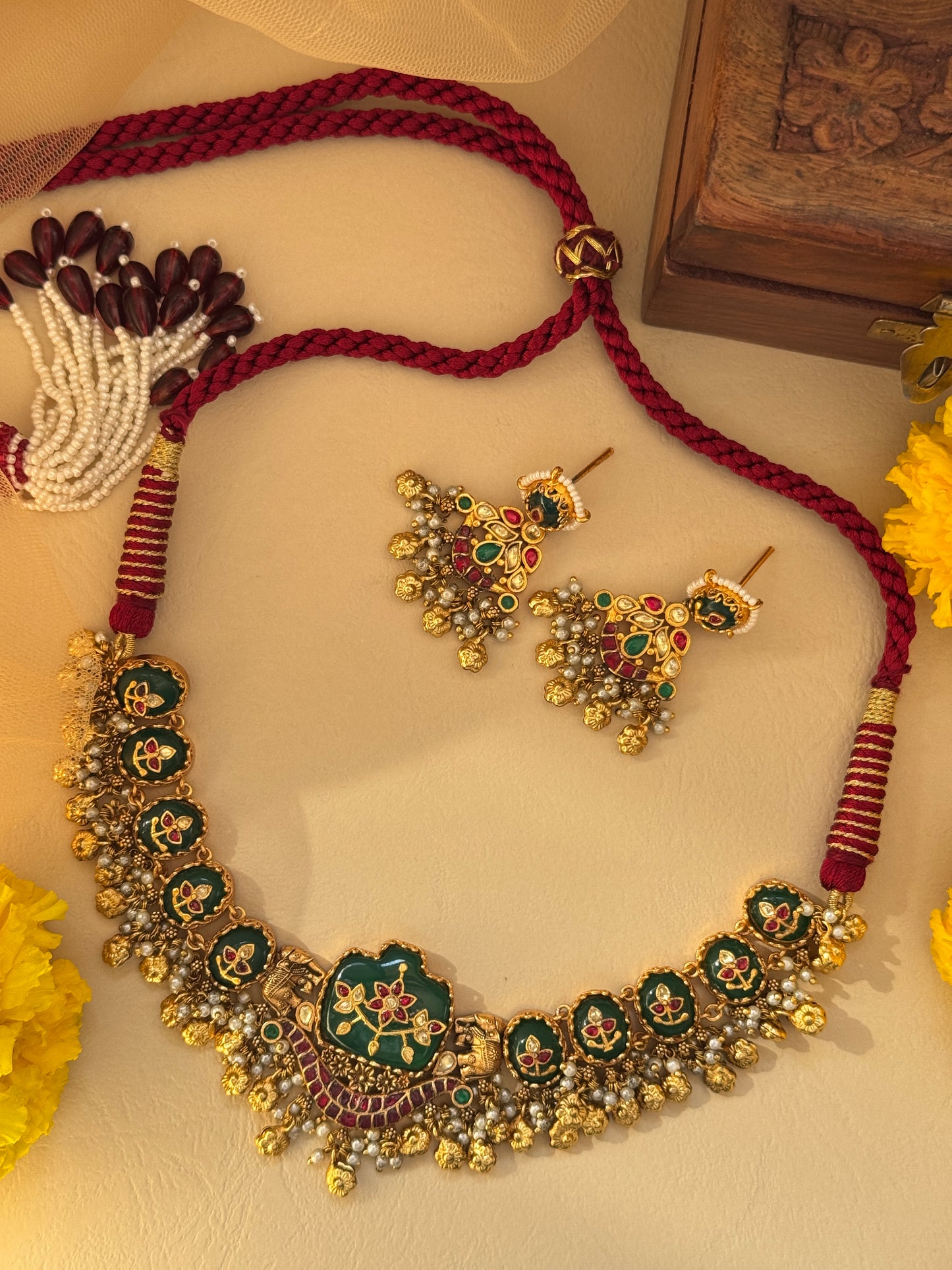 Dark Green Semi Precious Stone and Ghunghru design Necklace Set