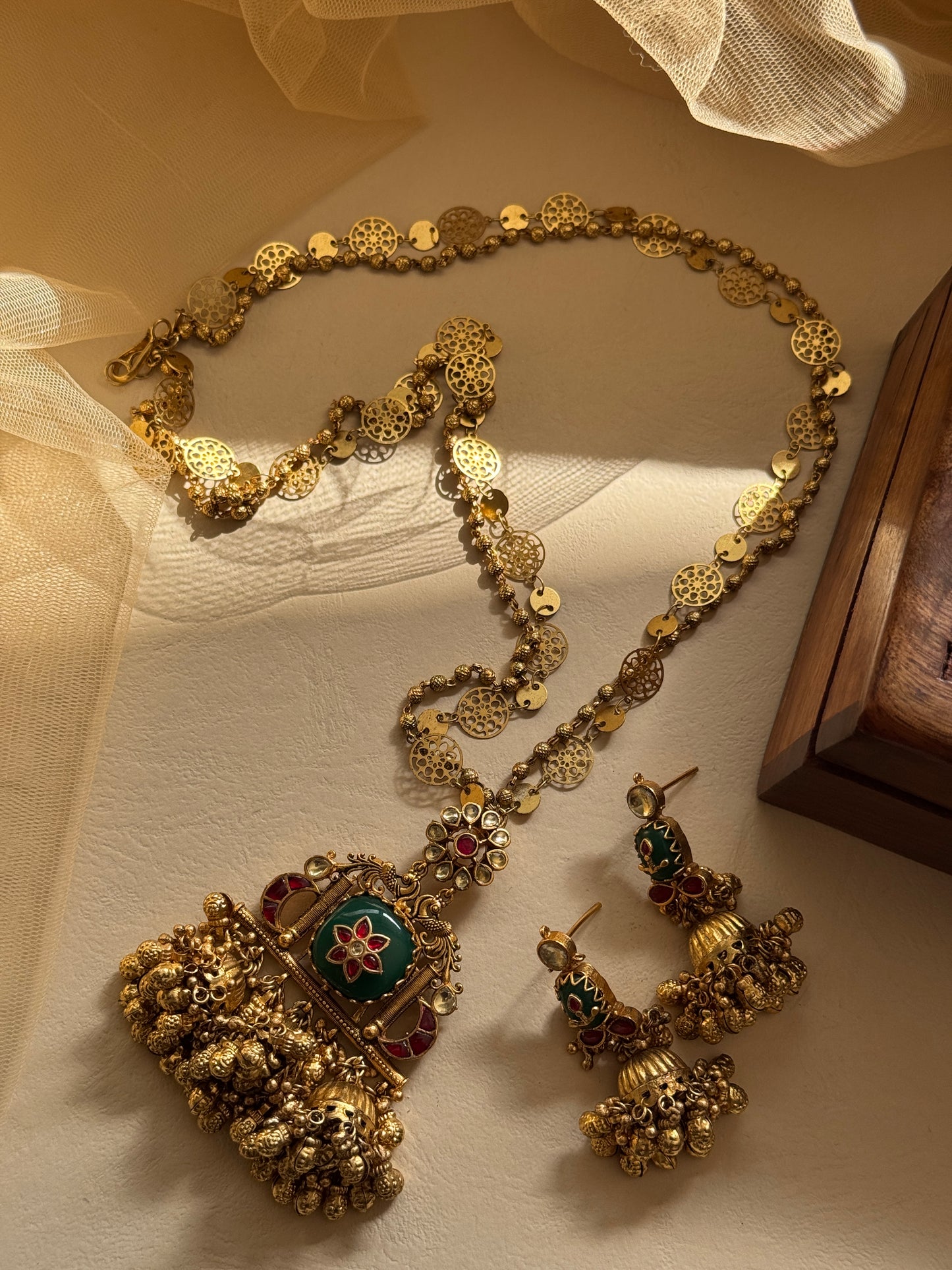 Eternal Charm Long Necklace Set with Big Green Stone