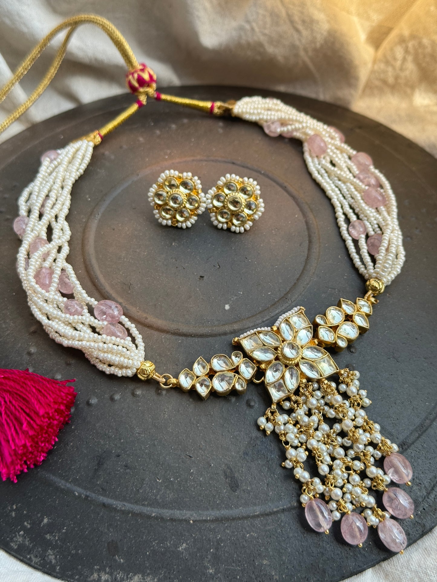 Multi Strand moti Choker with Big Floral pendant