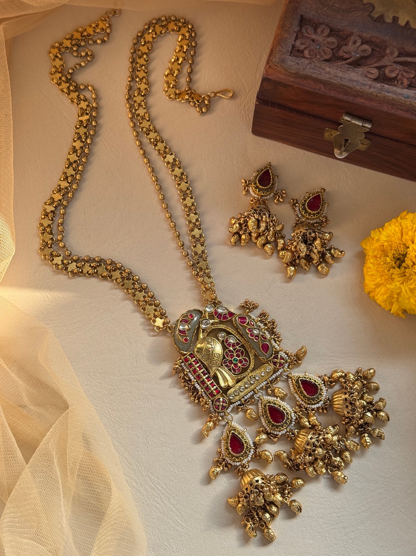 Heritage Charm and Gold bead long strand Necklace set with 3 Danglers