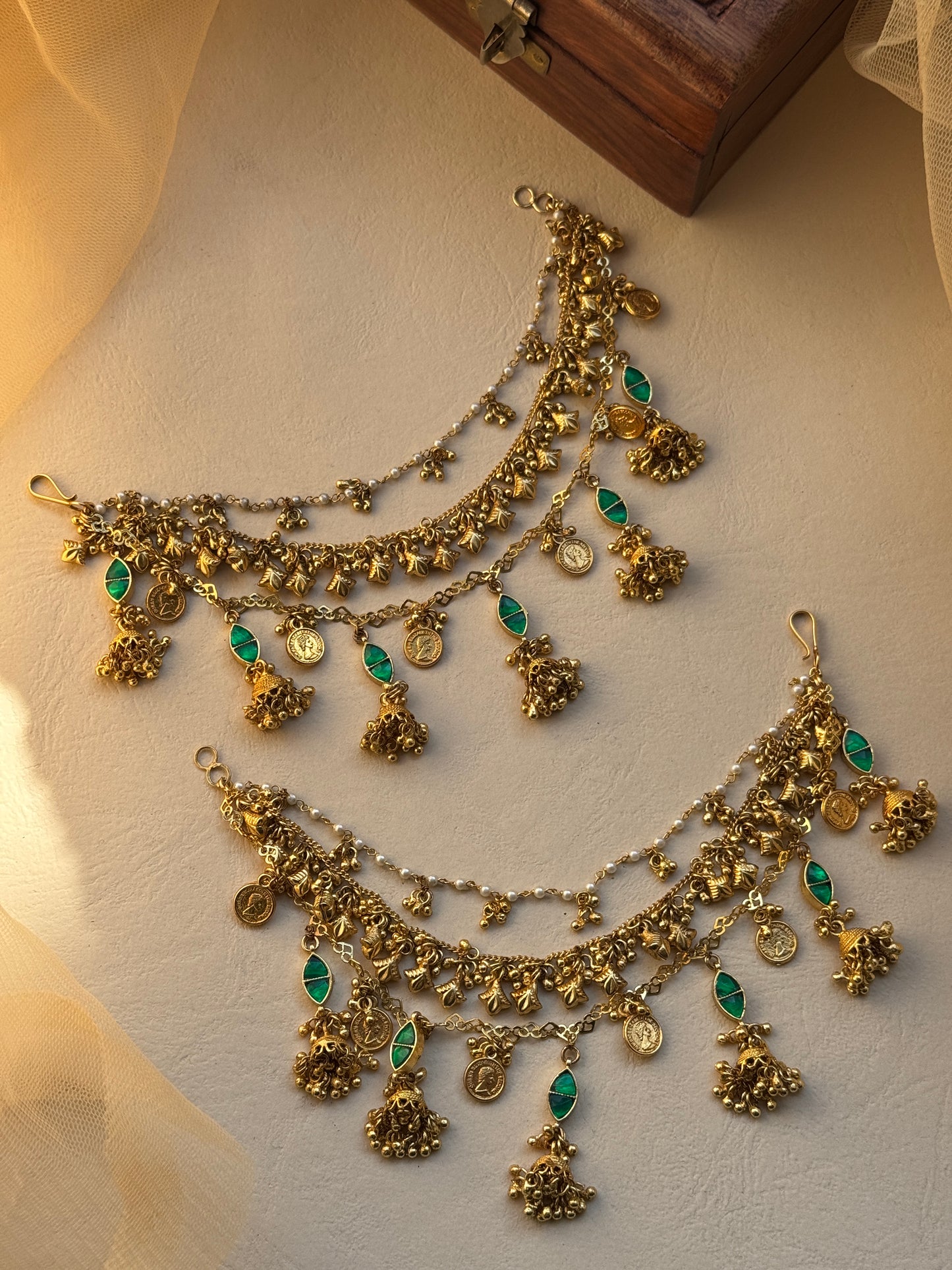 Gold plated 3 strand layered ear chains with Jhumkis