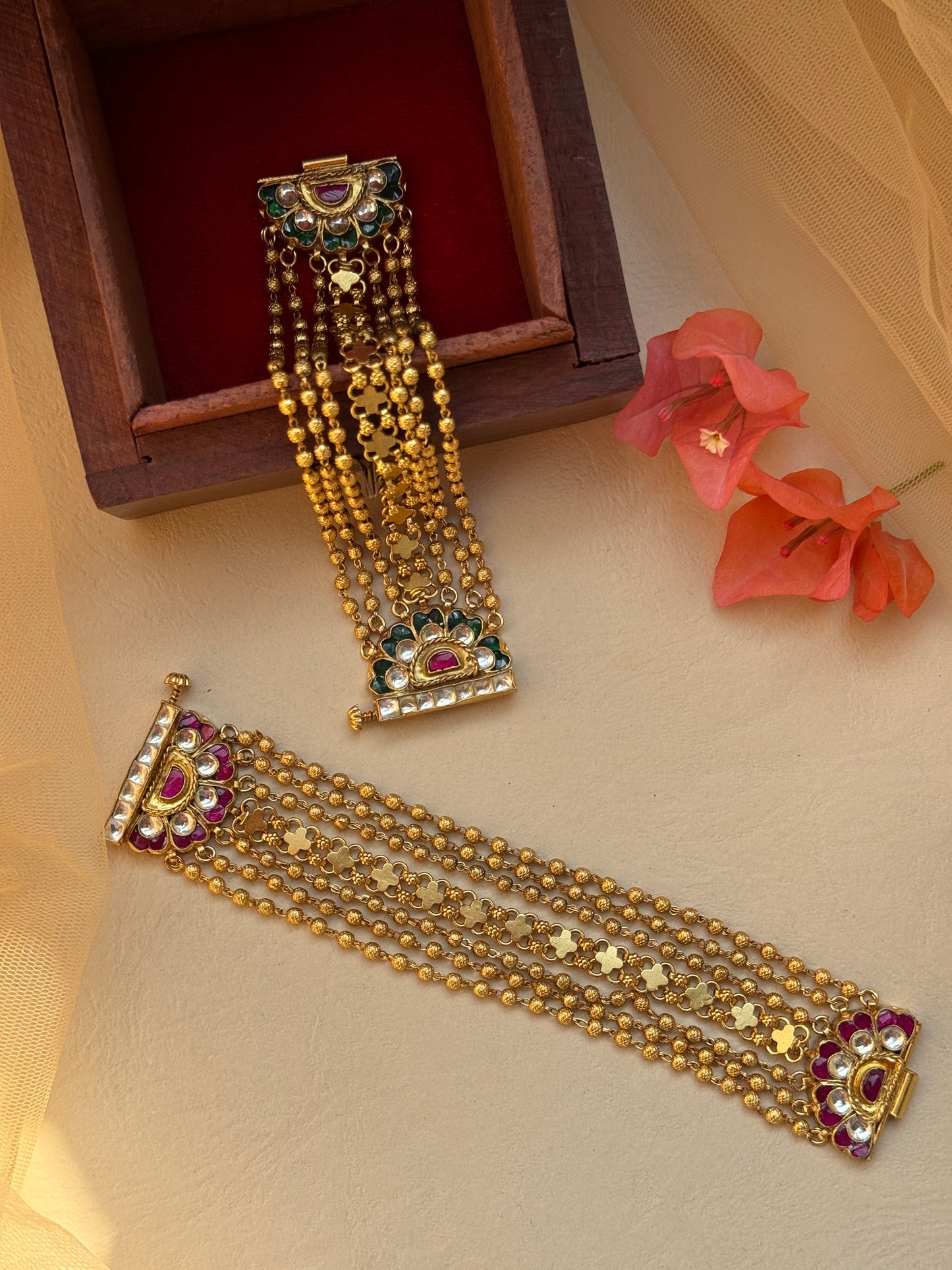 Gold plated Charm bead linked and beaded strand Bracelet