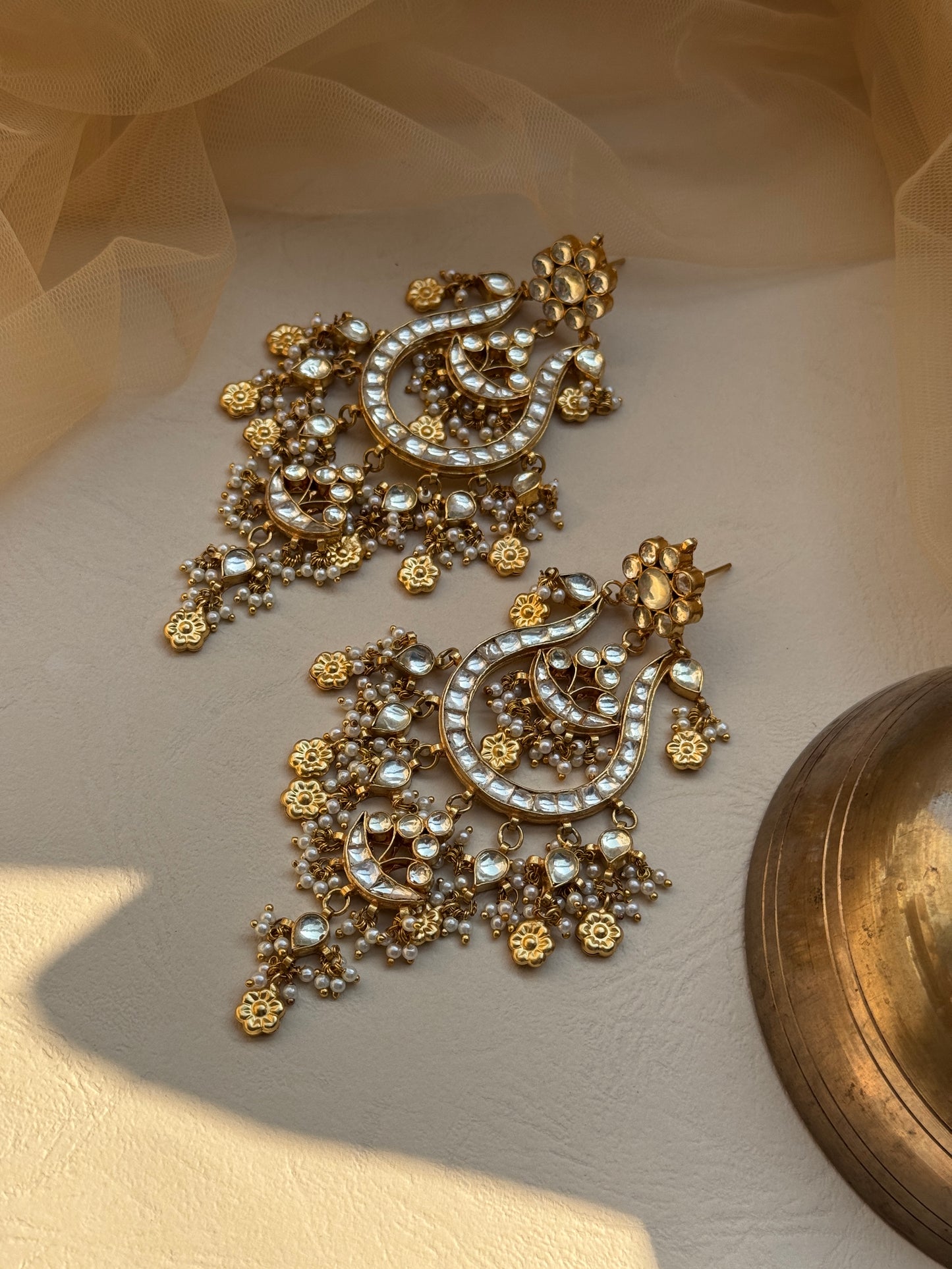 Gold plated Carved beaded Chandelier Earrings