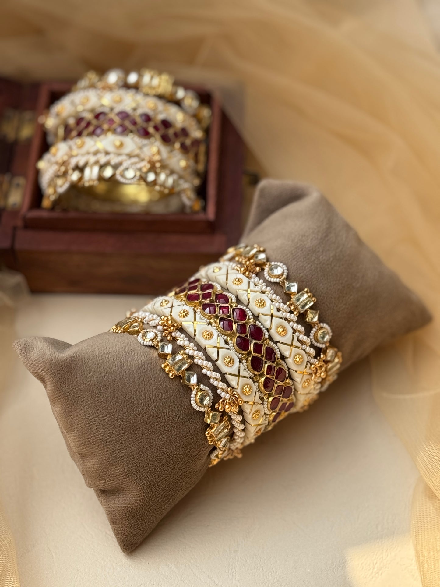 Modern White, Maroon and Gold Plated Chuda Set