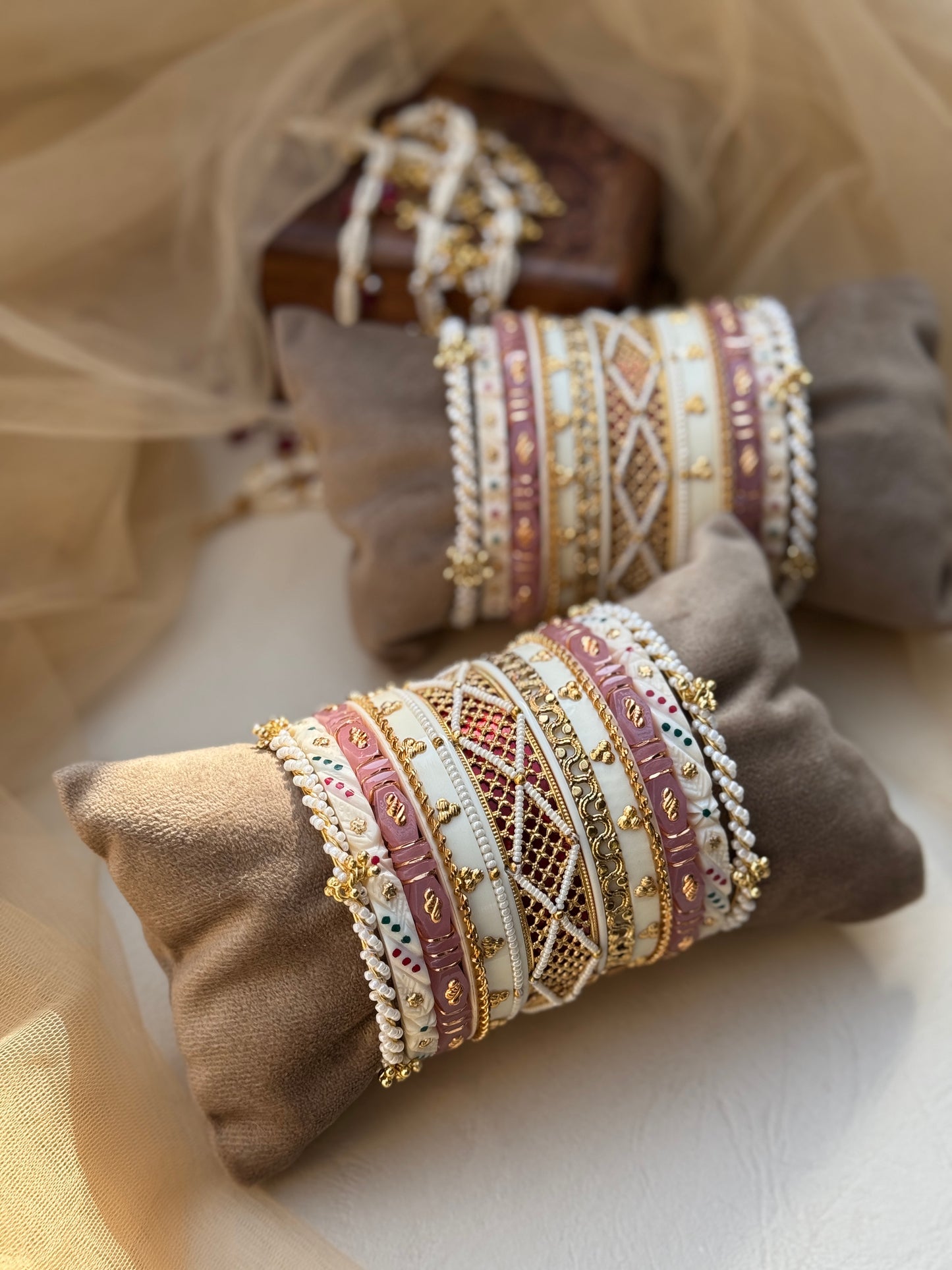 White and Pastel Pink Gold studded Chuda Set for Bride