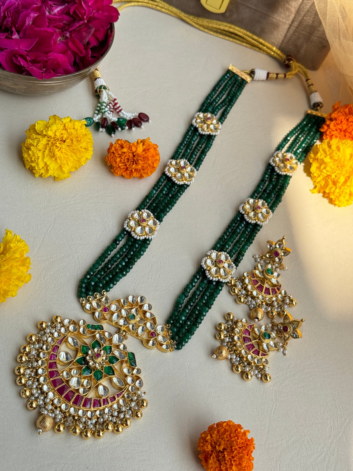 Darkgreen Stone Strands Long Harr with Chand Pendant