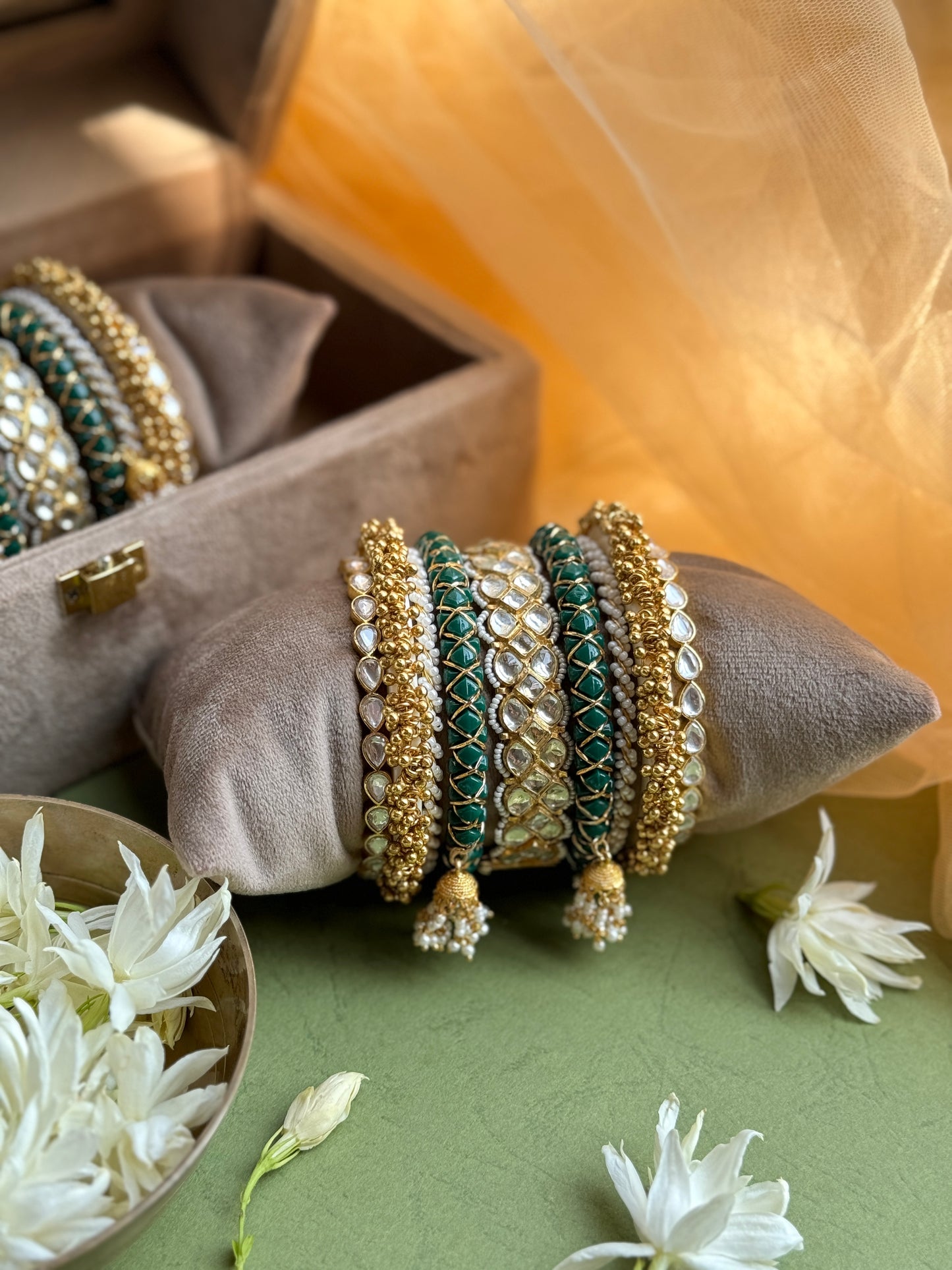 Darkgreen and Gold Chuda set with Hanging Jhumki