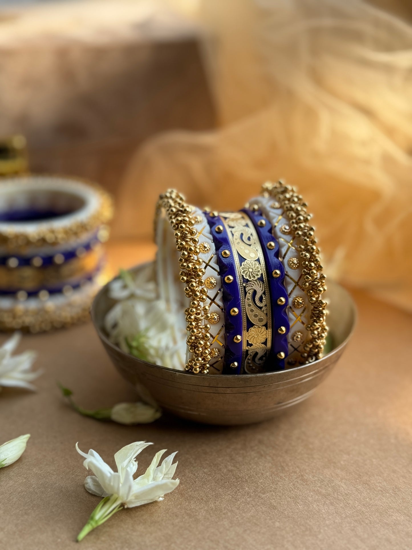 Blue and Gold Chuda Bangle Set with Ghungroo