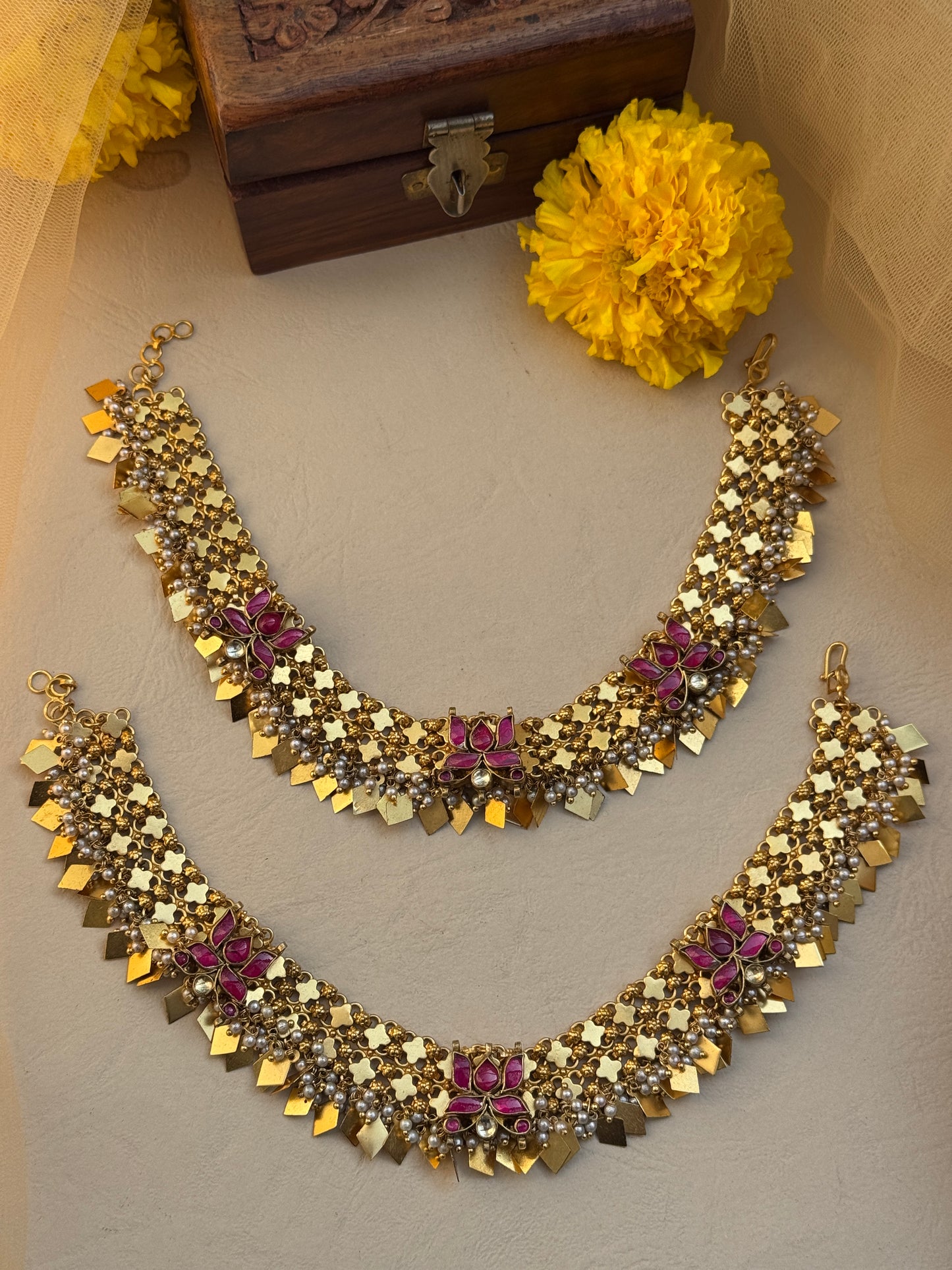 Gold charm linked gold plated anklets with Lotus motif