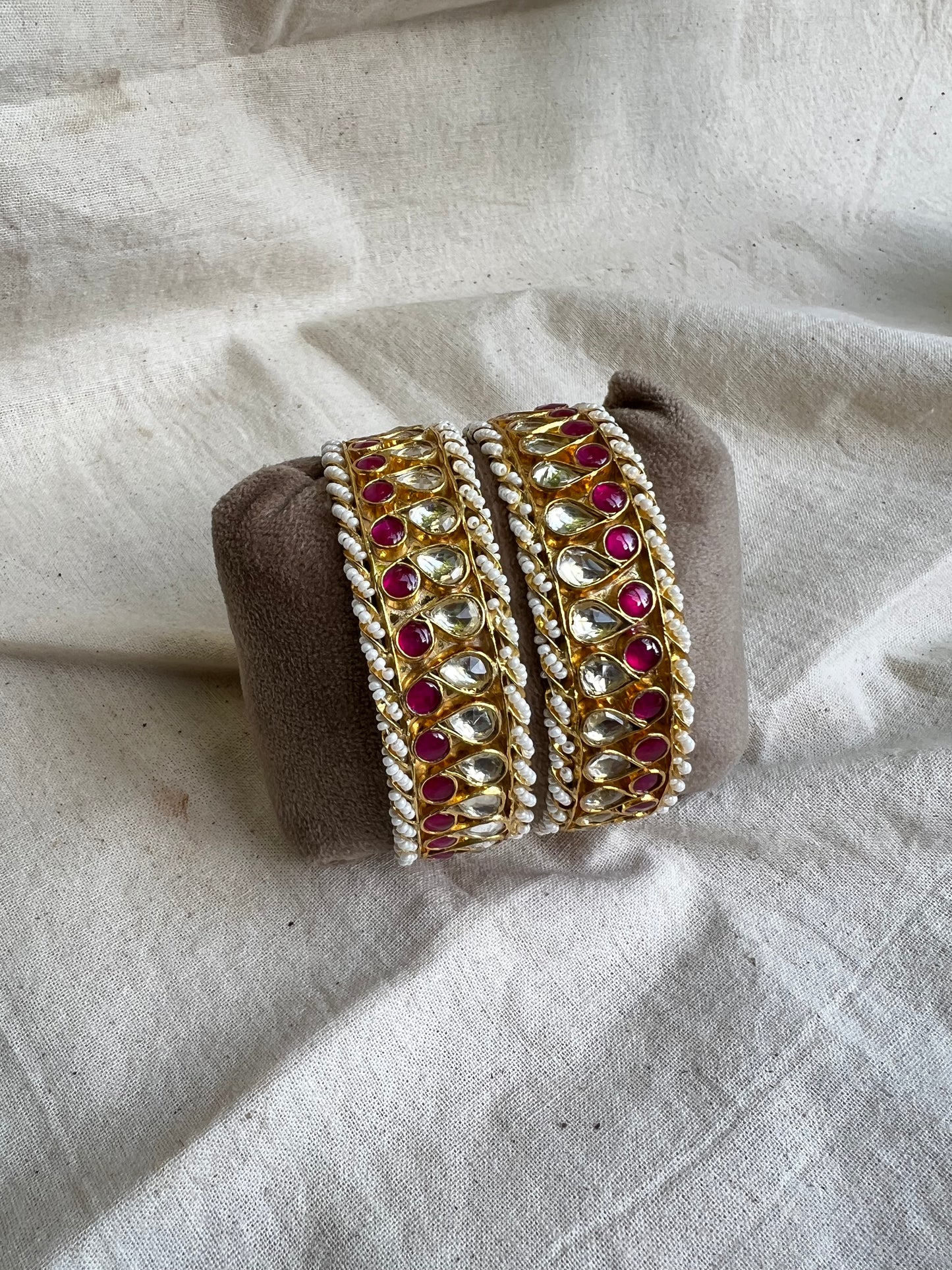 Gold plated Jadau Bangle Kadaa with Moti in ends