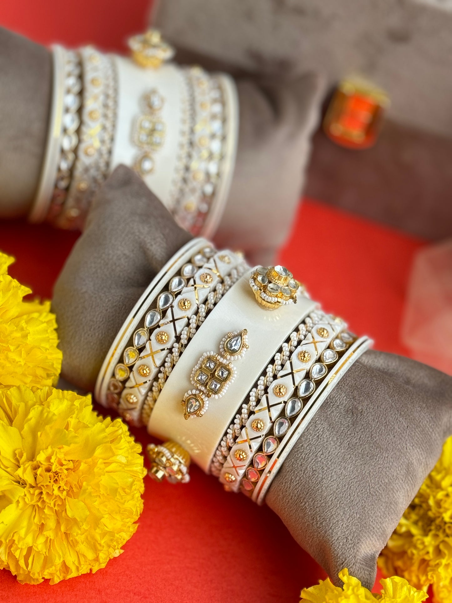 White and Gold Big Chudi and Jadau Setting Chuda Set