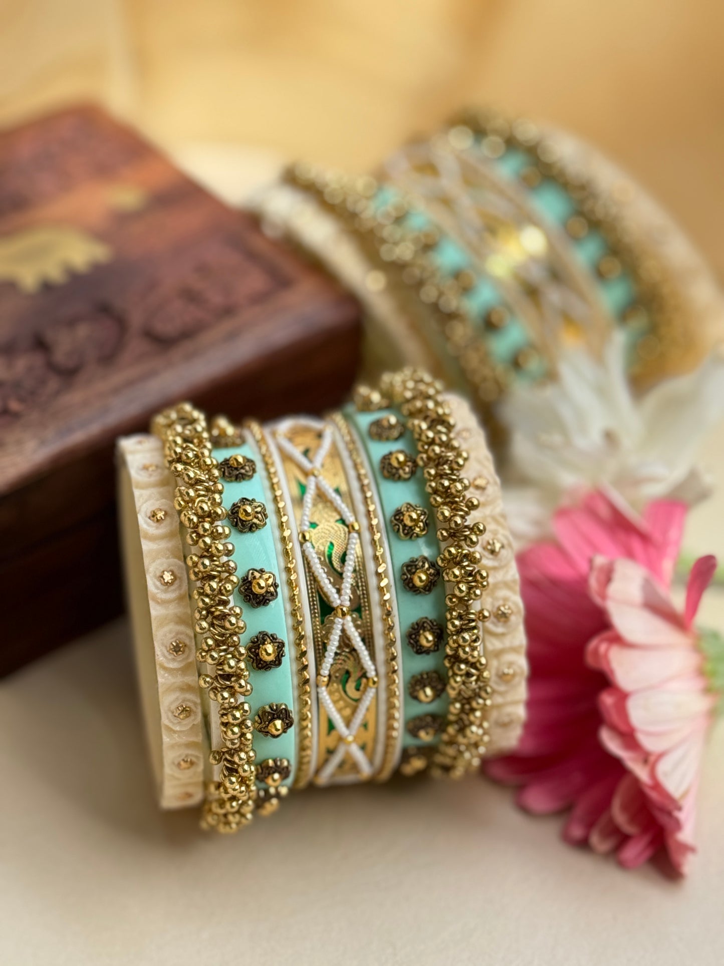 Aqua blue and Gold jhumki chudi design Bangle set