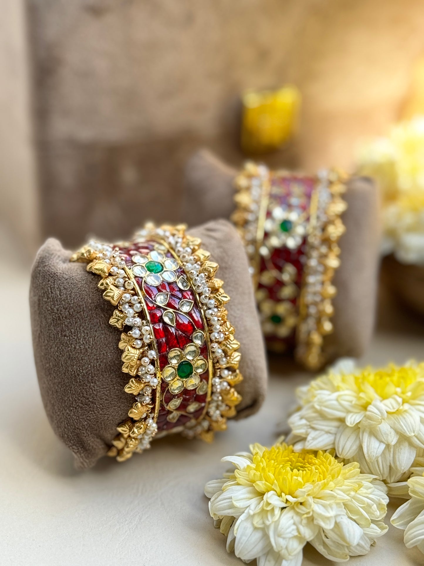 Traditional Maroon Jadau setting Kangan with Ghunghroo edges