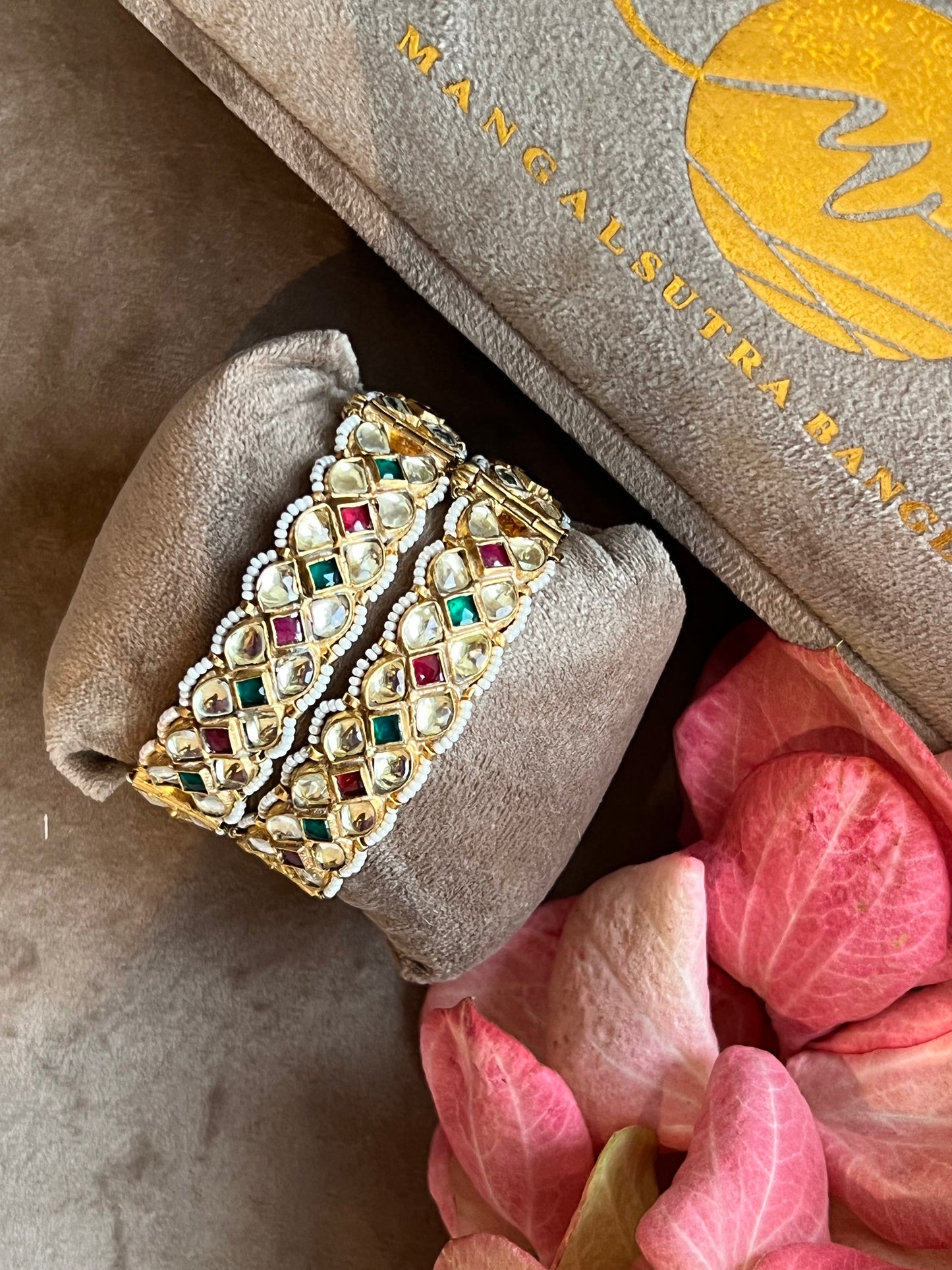 Gold Plated Jadau Stone Bangles with Small Moti Edges