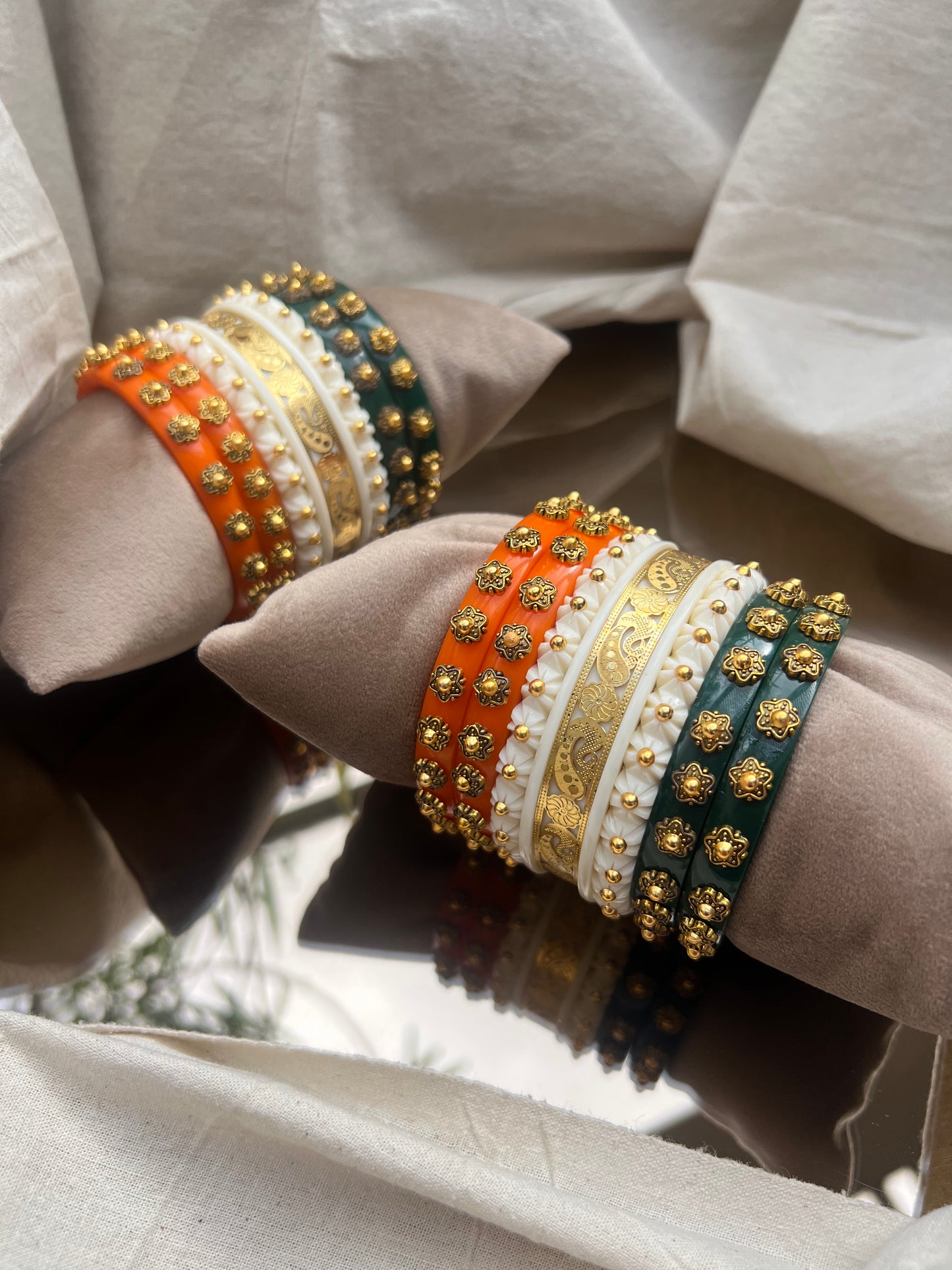 Orange, White and Green Bangle Set with Gold plated