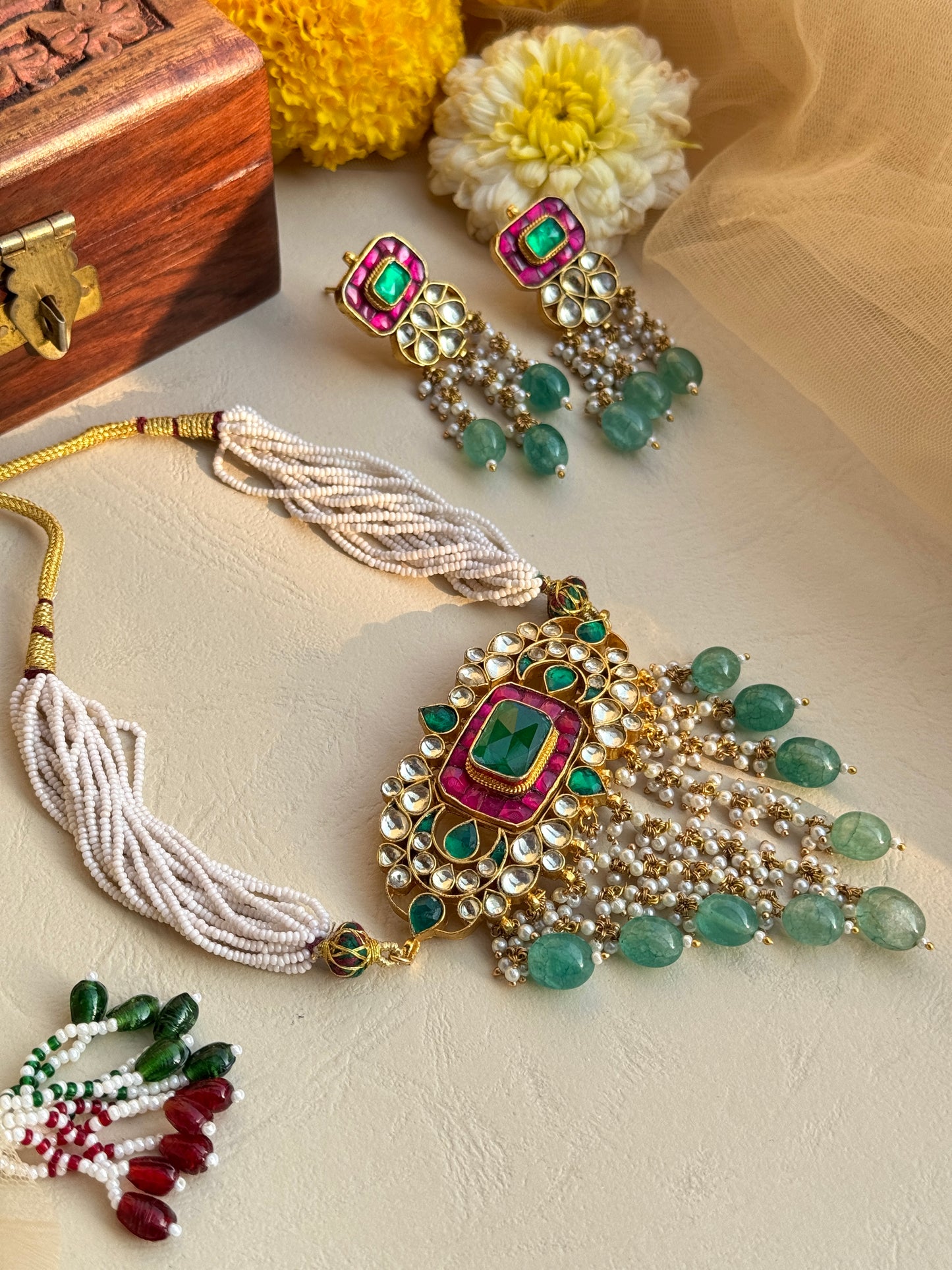 Moti Choker Set in Green Pink Stone Pendant
