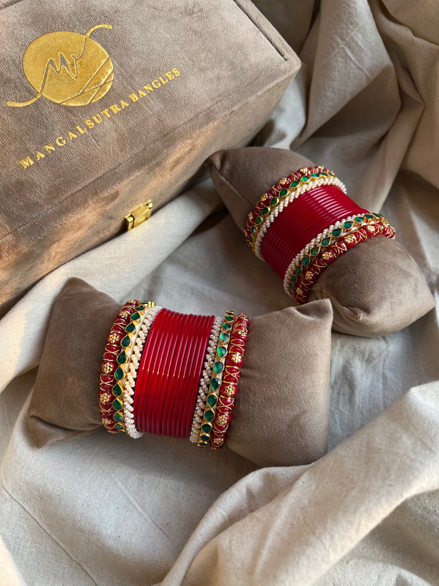Traditional Bangle set in Red Chudi and Designed Bangles