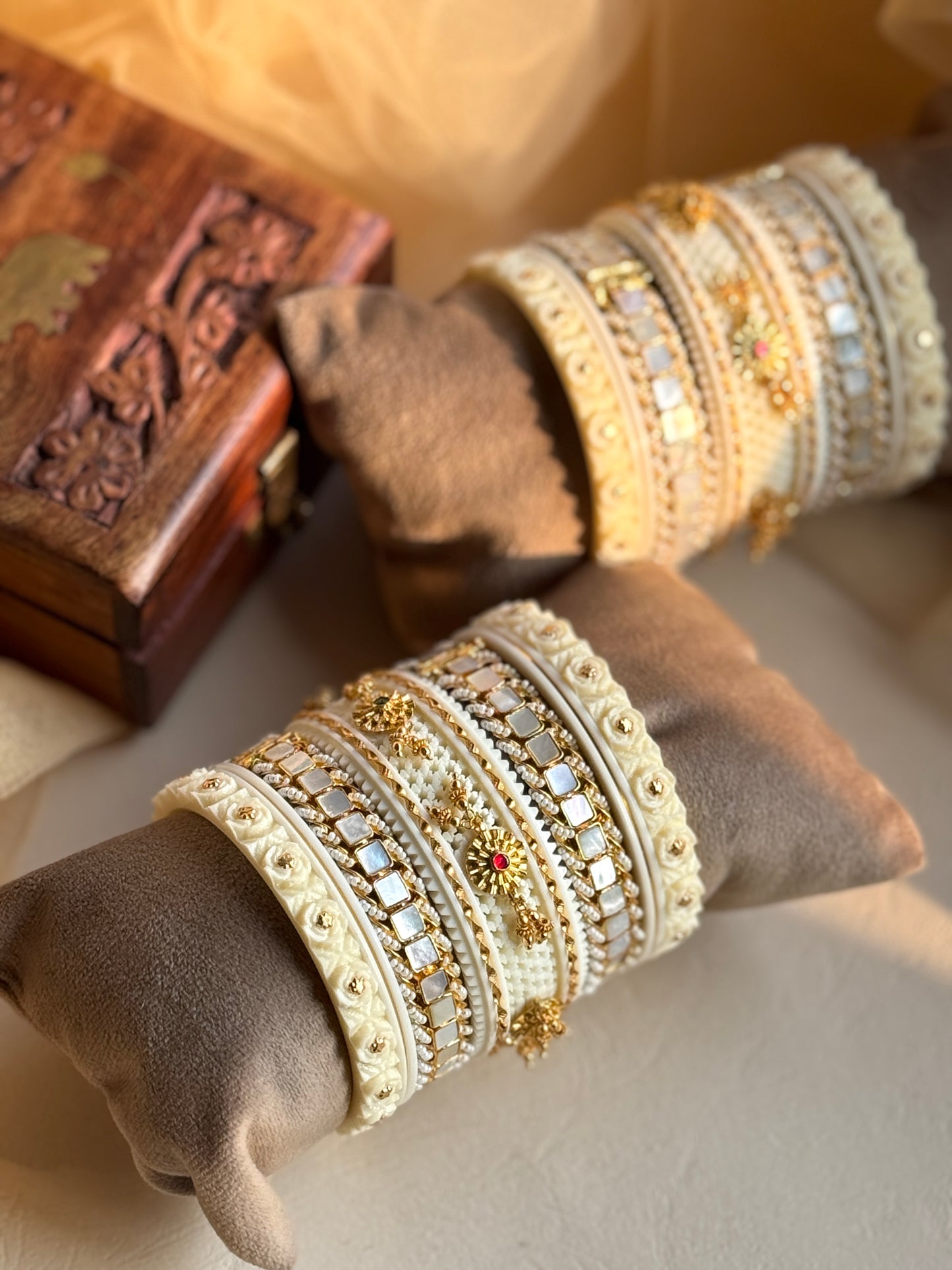 White Gold Plated Bridal Chuda Set with Mother of Pearls Bangles