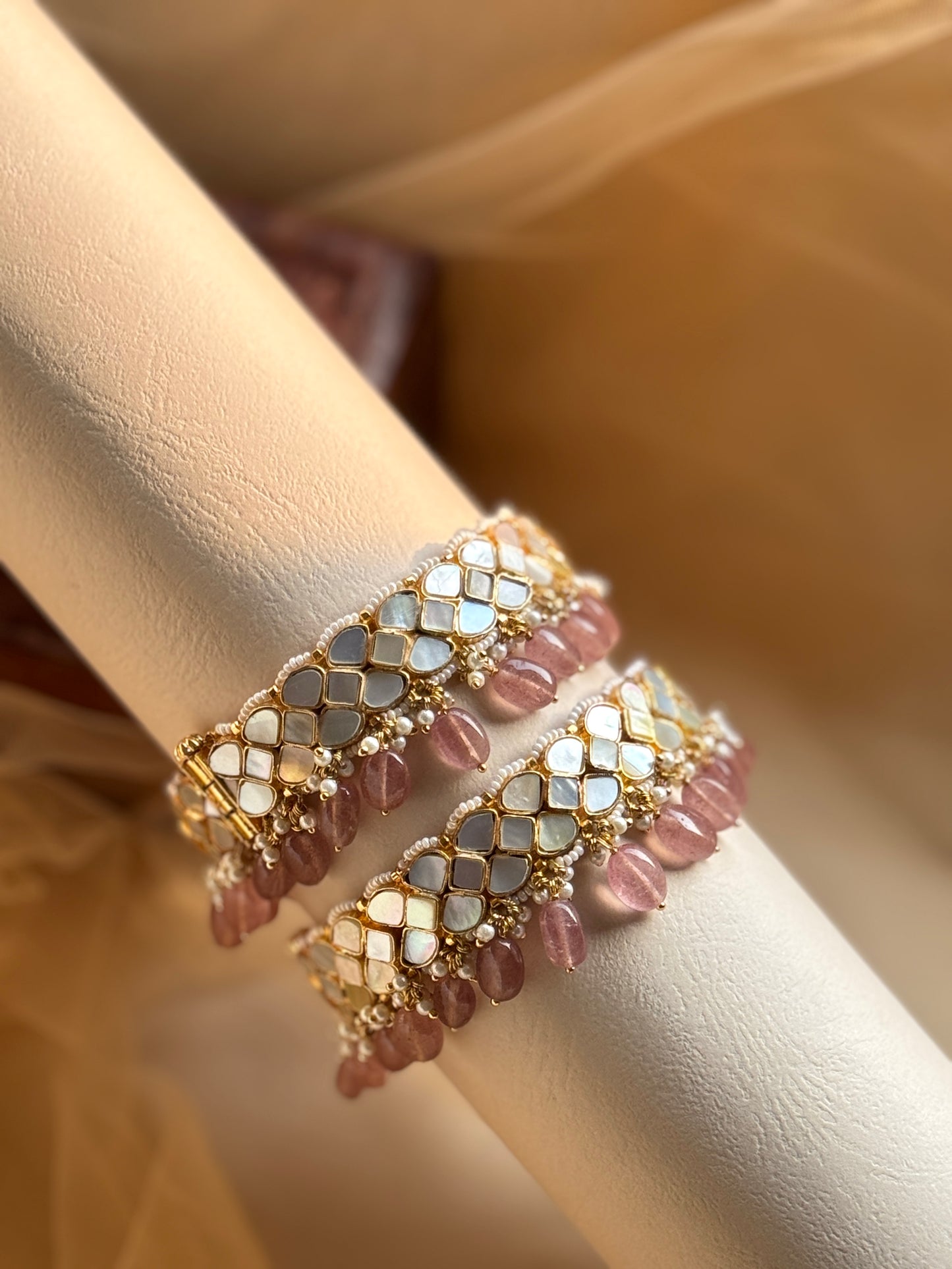 Newest Gold Plated Bangle With Mother of Pearls And Hanging Beads