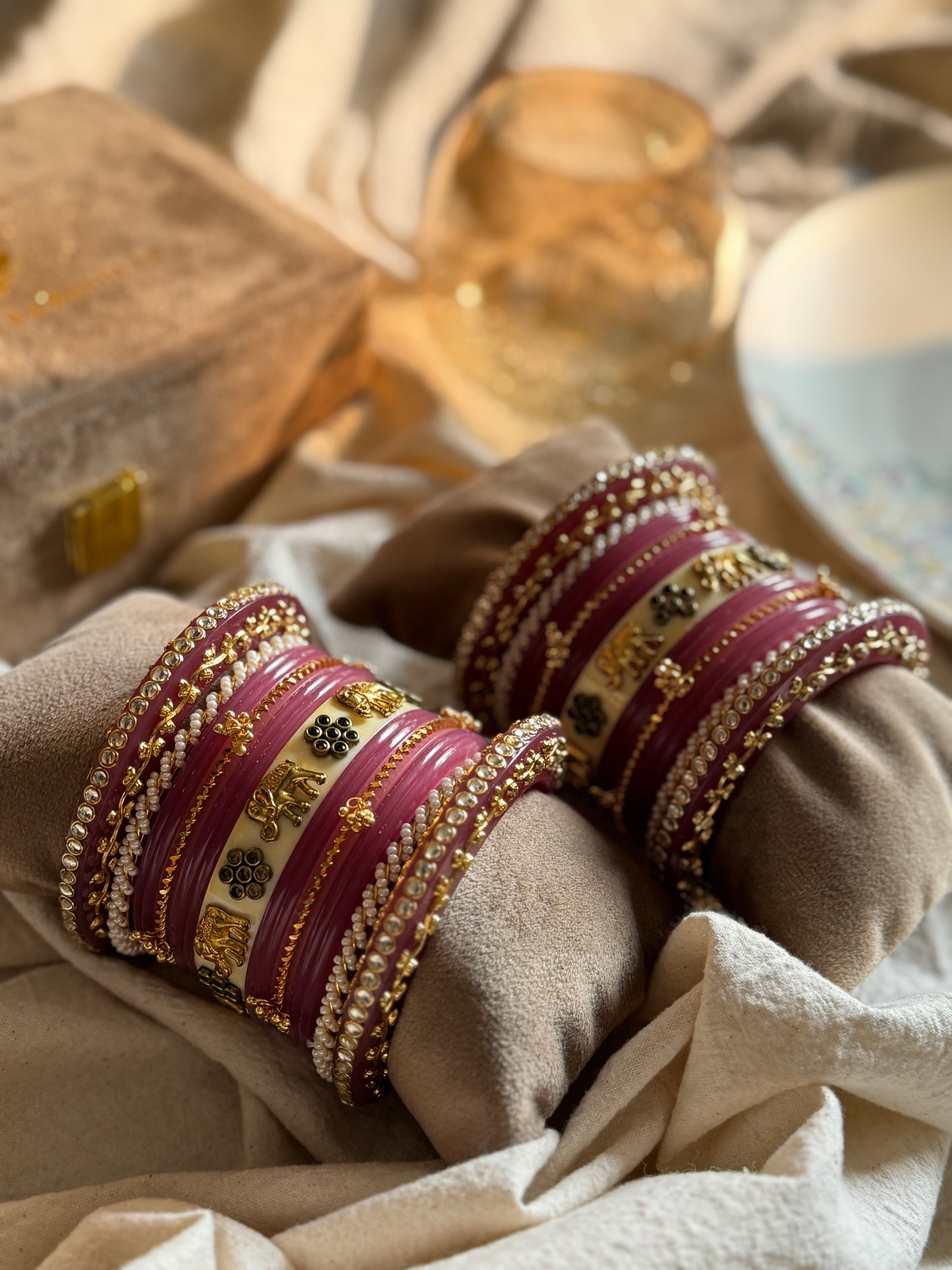 Gold Plated Red Chuda Set with Elephant And Floral Motif