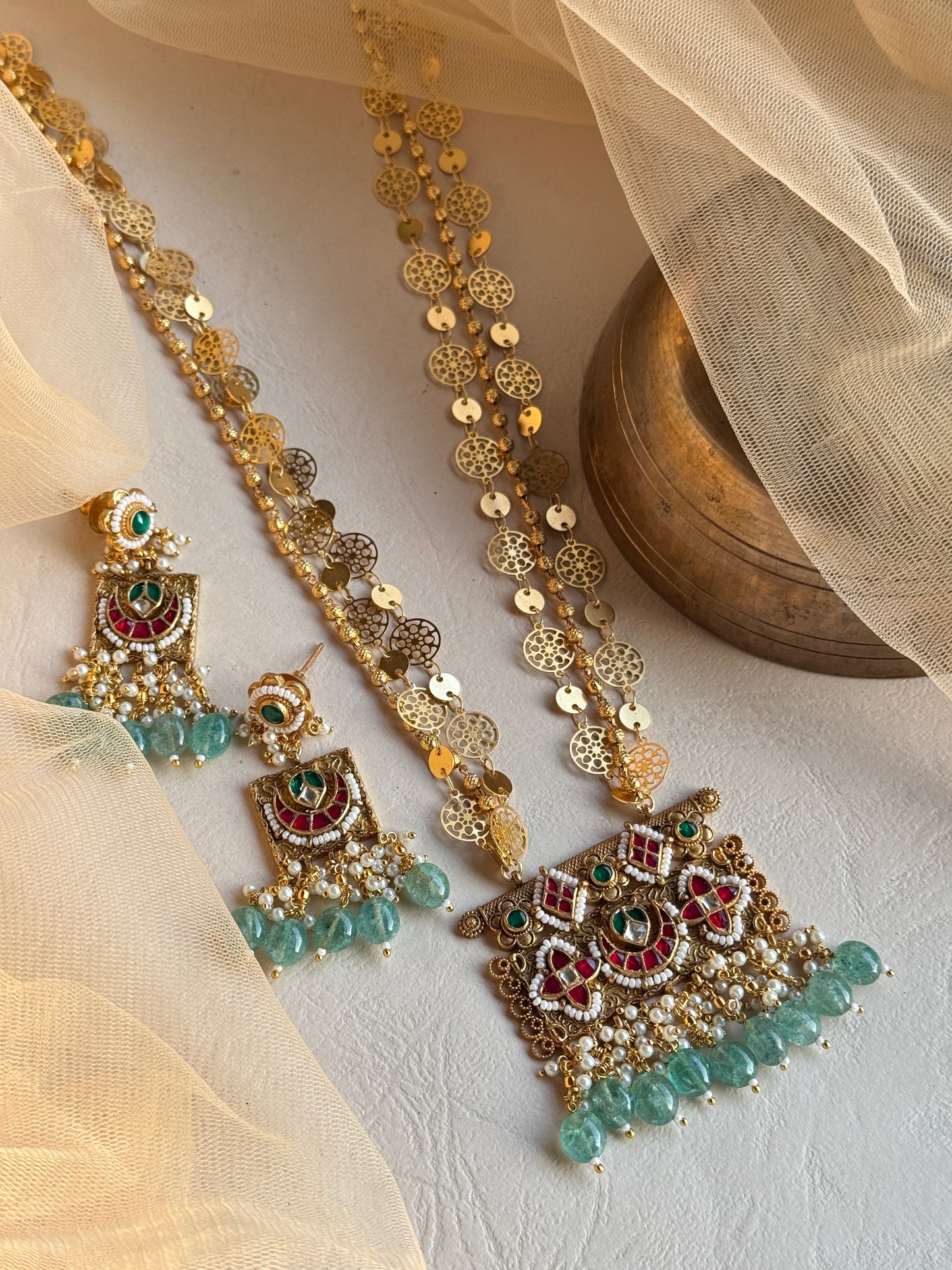 Heritage Gold Plated Square Shape Long Necklace Set