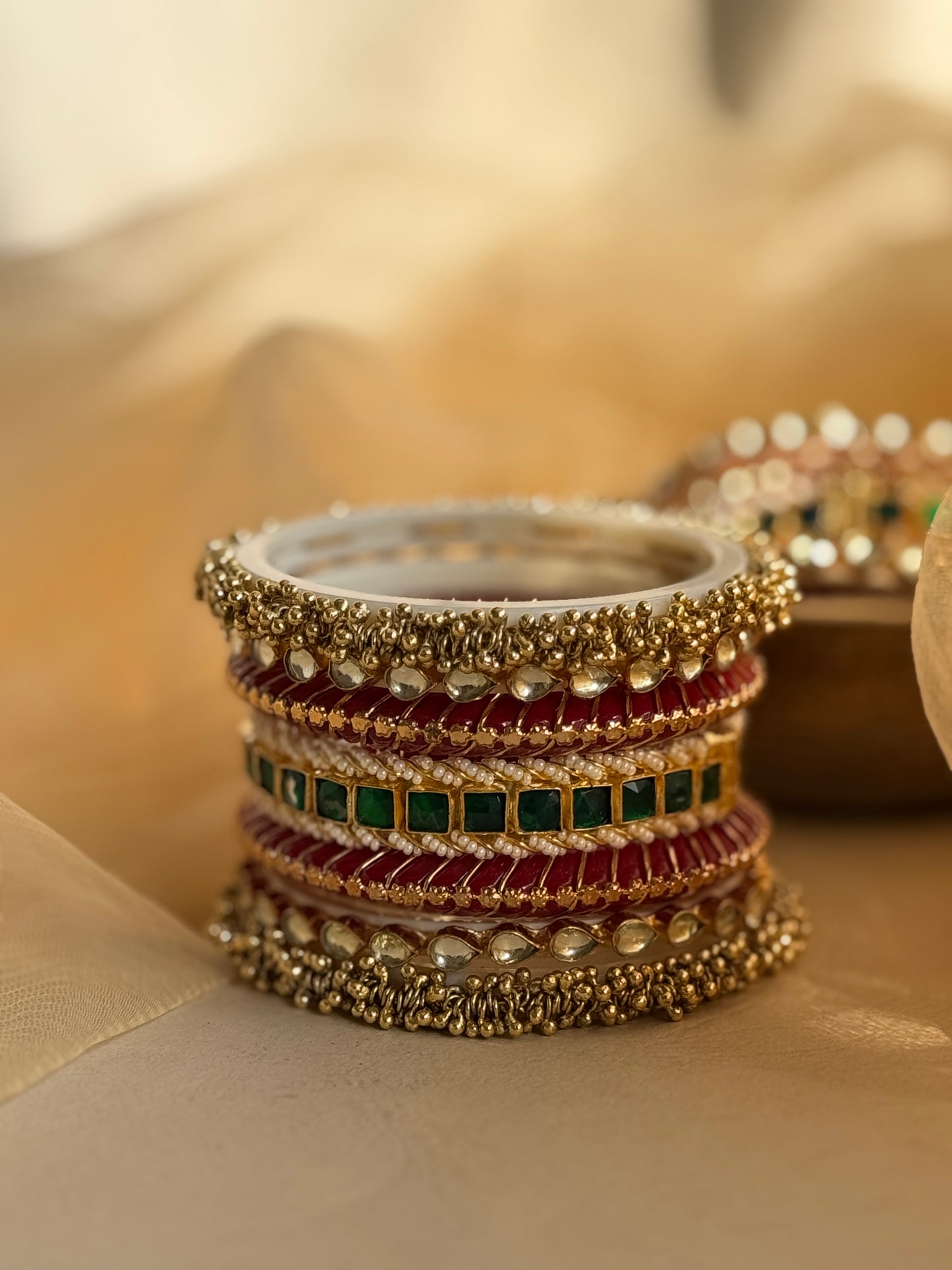 Maroon and Gold with Green Square stone Kangan Chuda Set