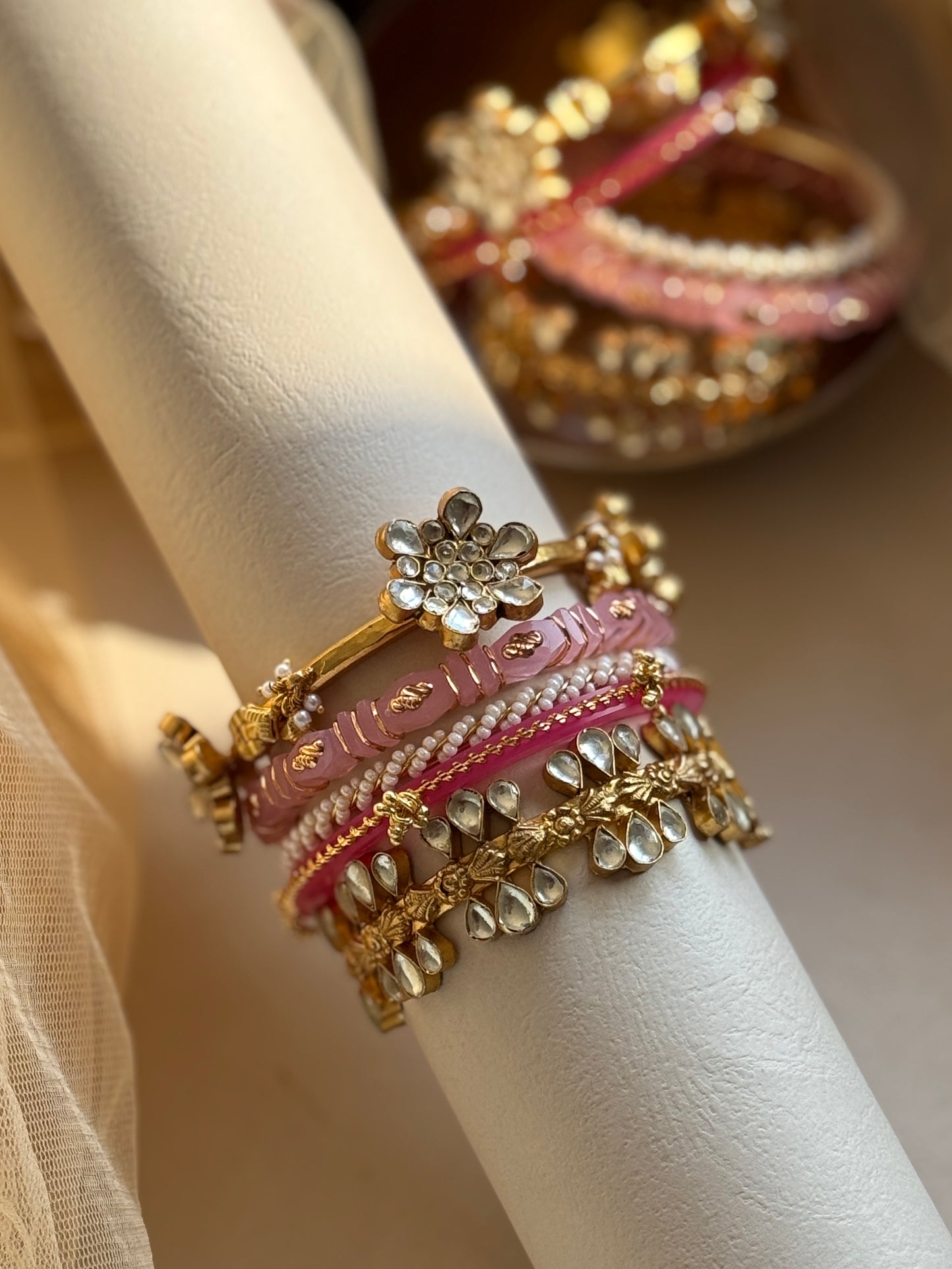 Fancy Kangan Bangle Set in Pink Shades and Jadau