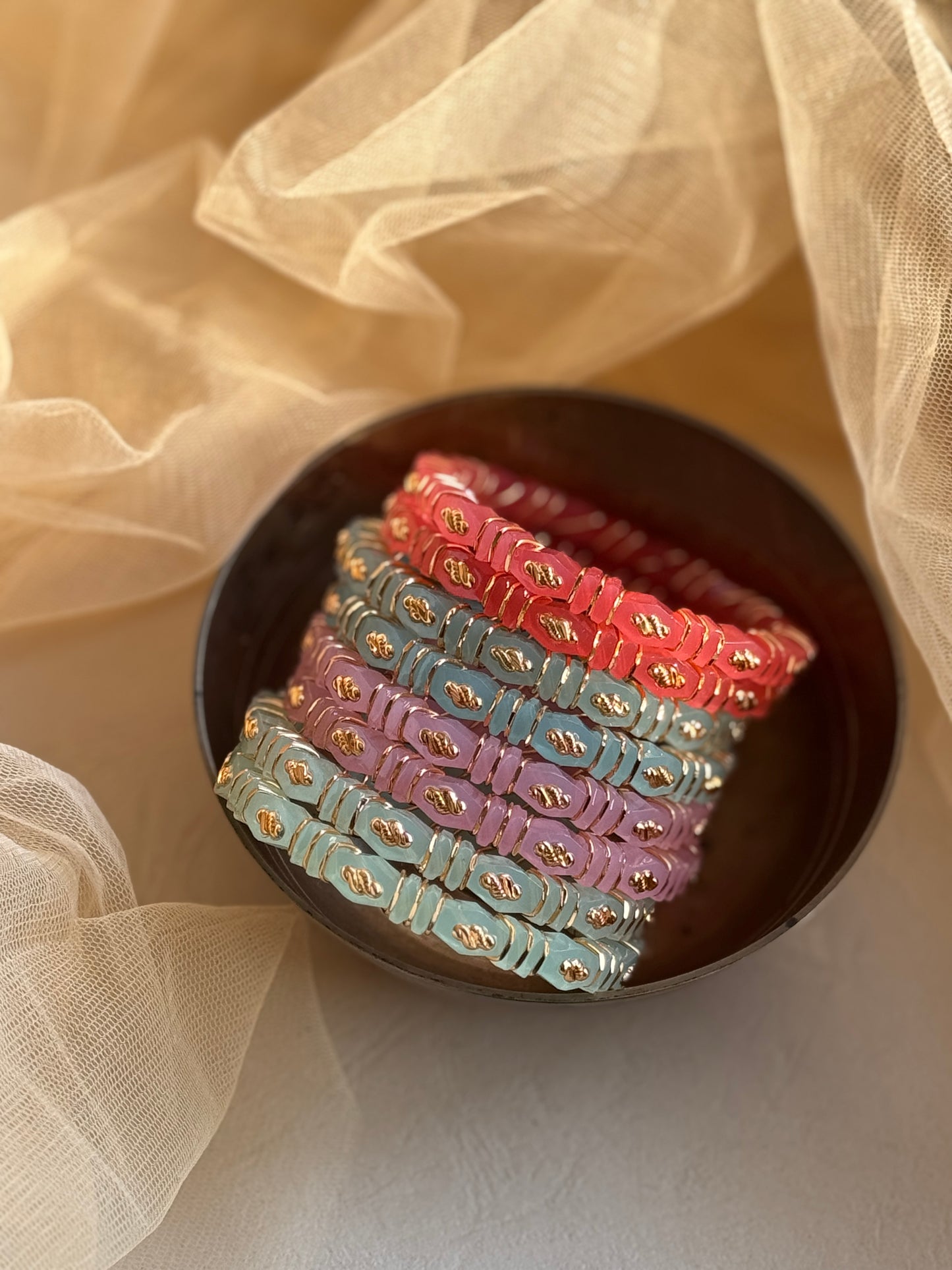 Fancy Gold Plated Studded Pastel Color Bangles in pair of 2