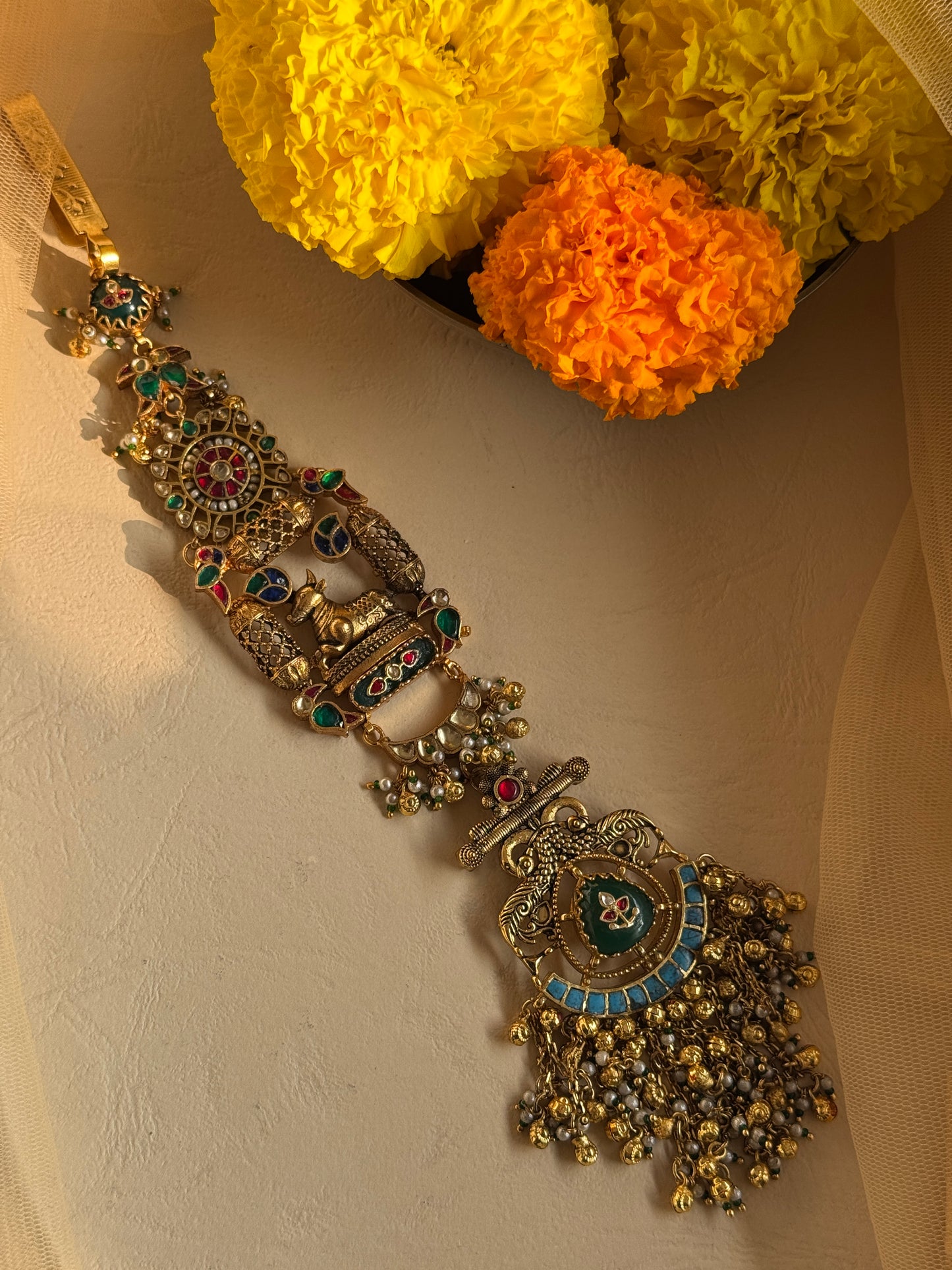 Antique gold plating heritage jhuda with animal motifs