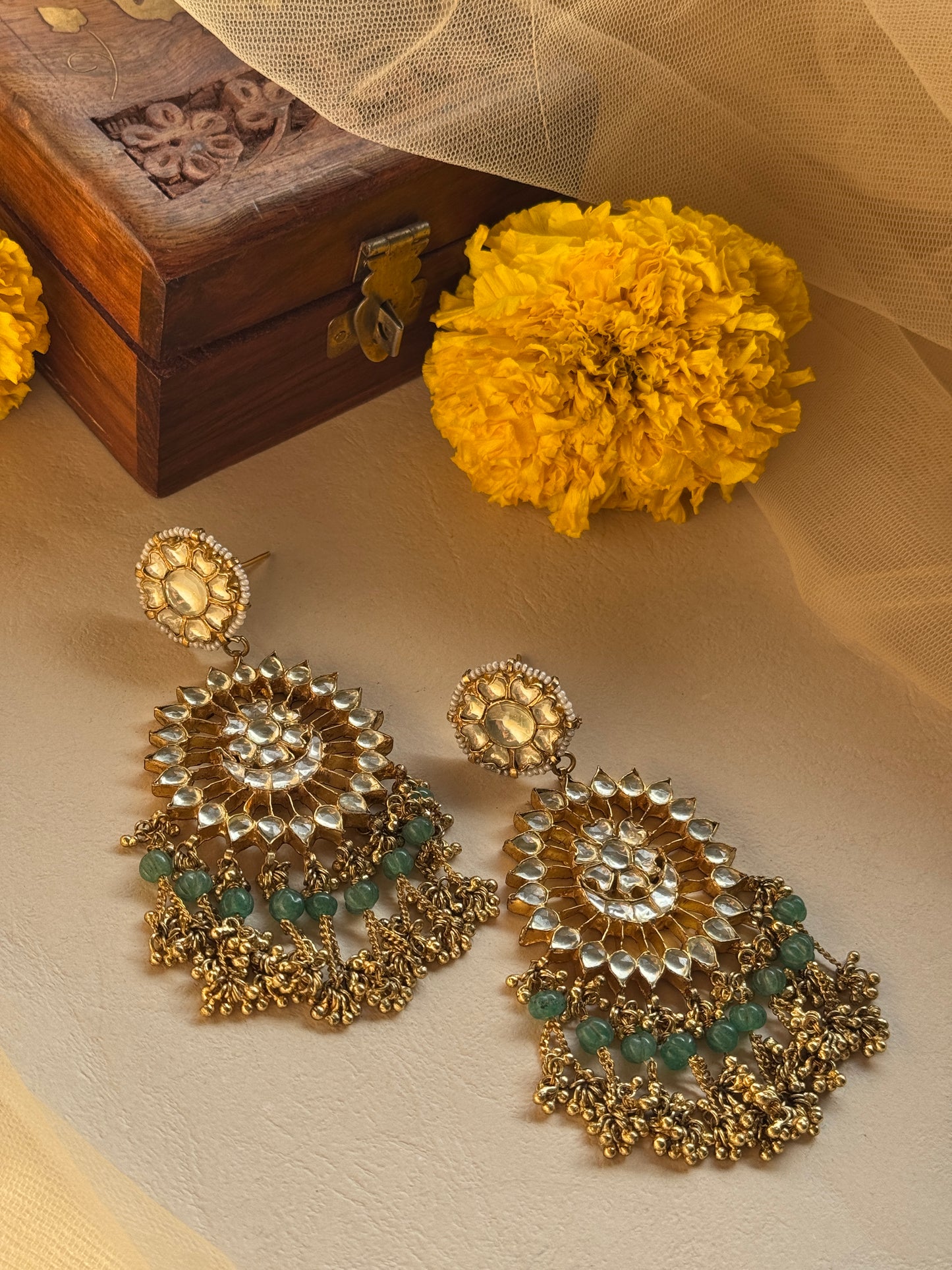 Sunflower Design Chandelier earrings with Ghunghroo Hangings