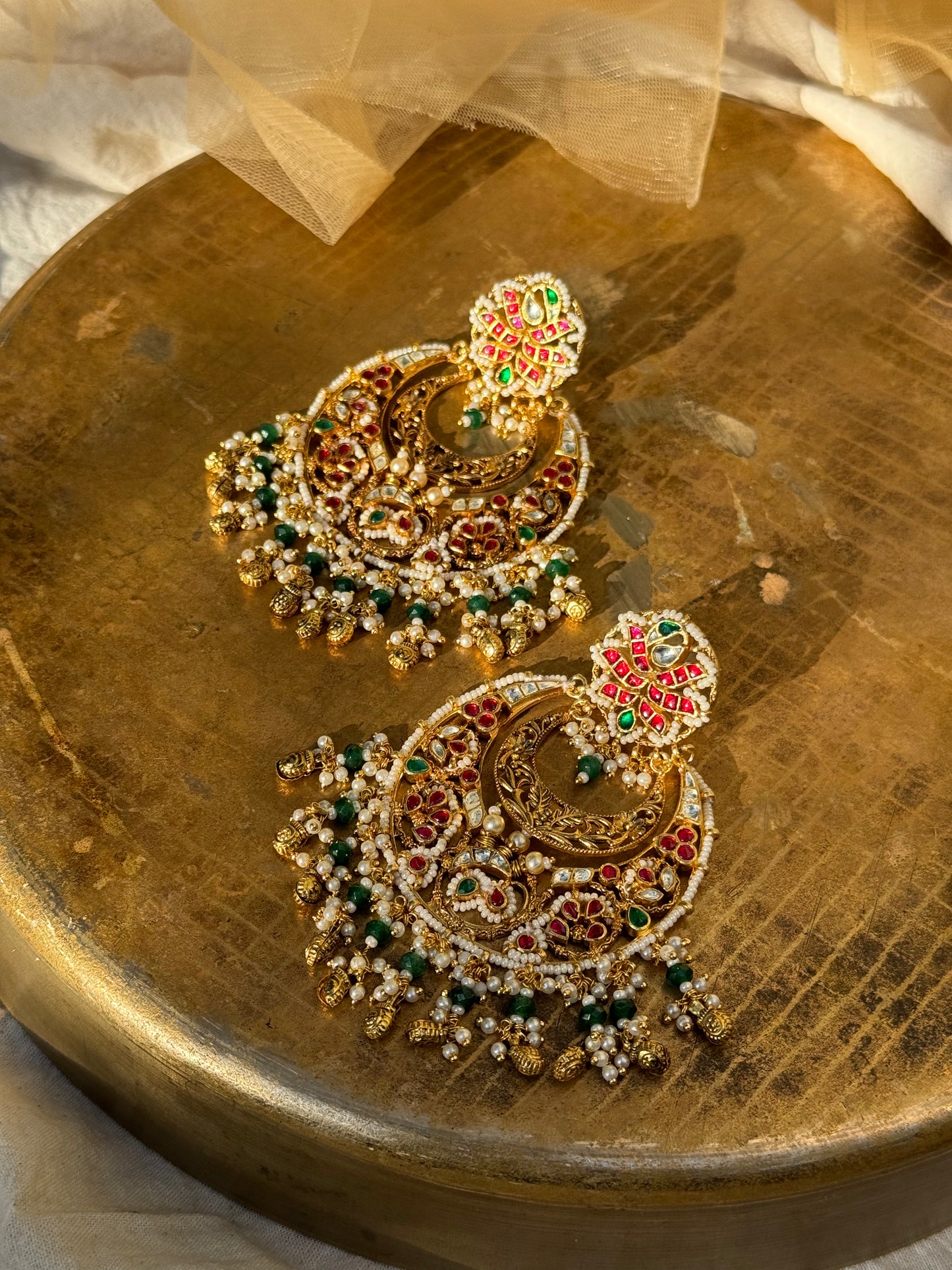 Heritage Chandabali earrings with green beads danglers