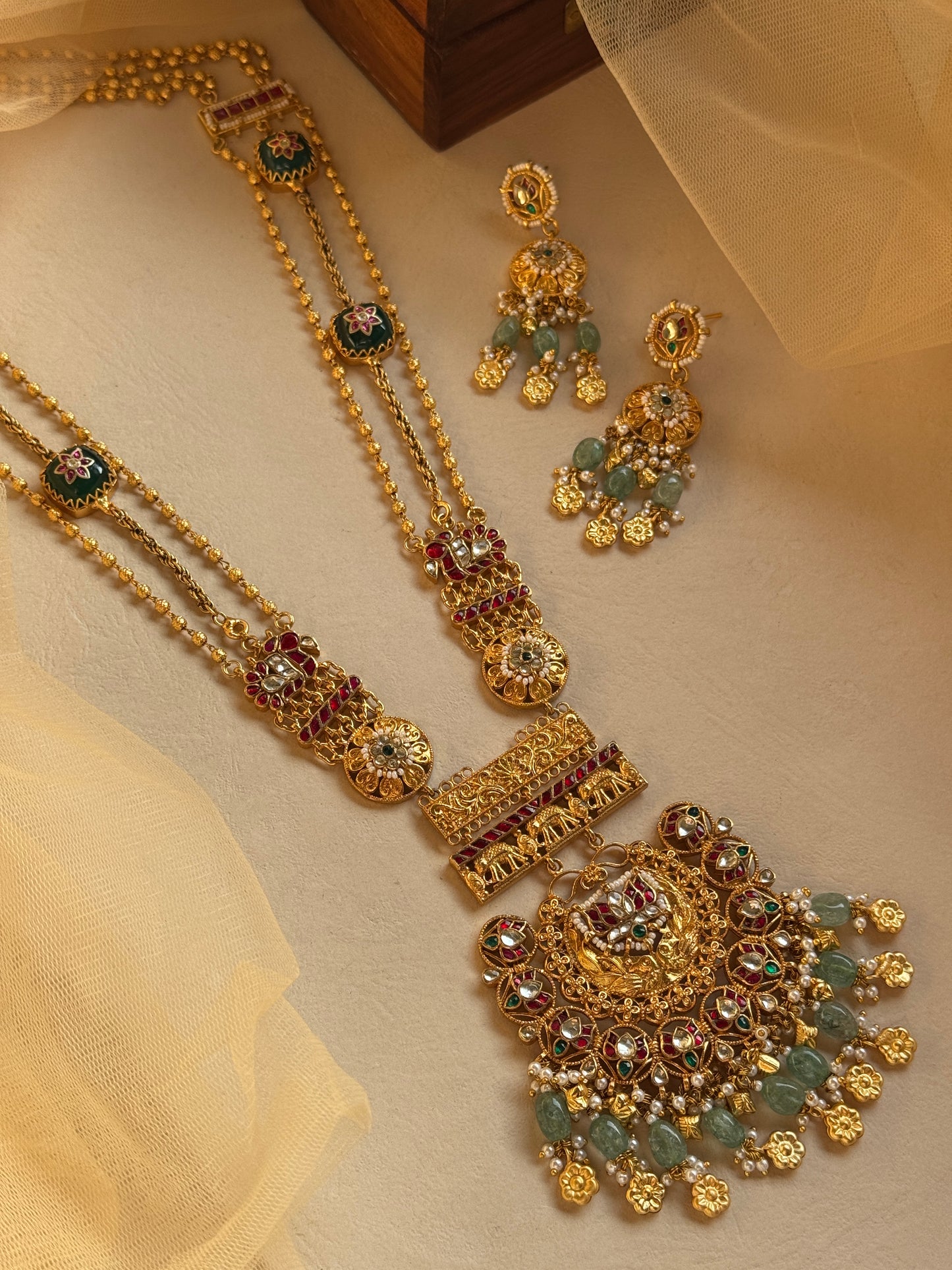 Gold plated designer Long Harr with Semi precious stone danglers