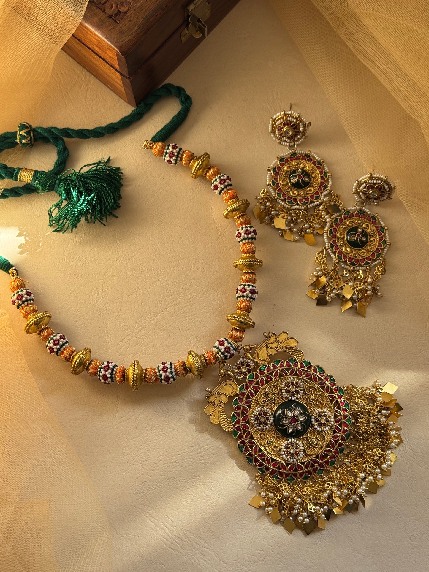 Antique Gold Plated Necklace Set With Peacock Motif