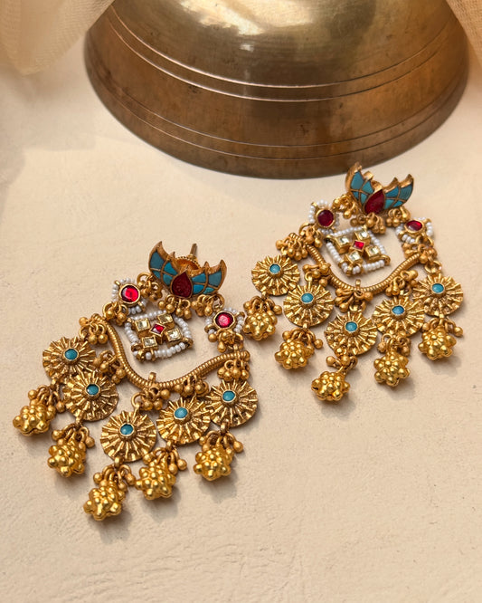 Chandelier Earrings in Gold plating and Turquoise stone