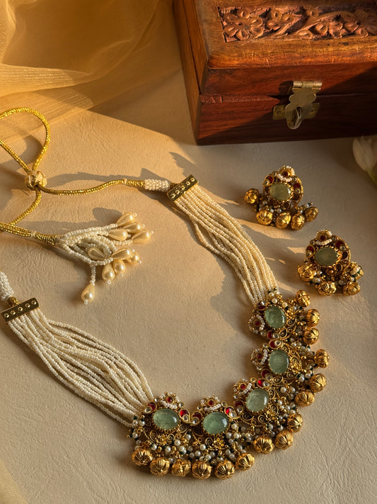 Green stone and moti strand choker set