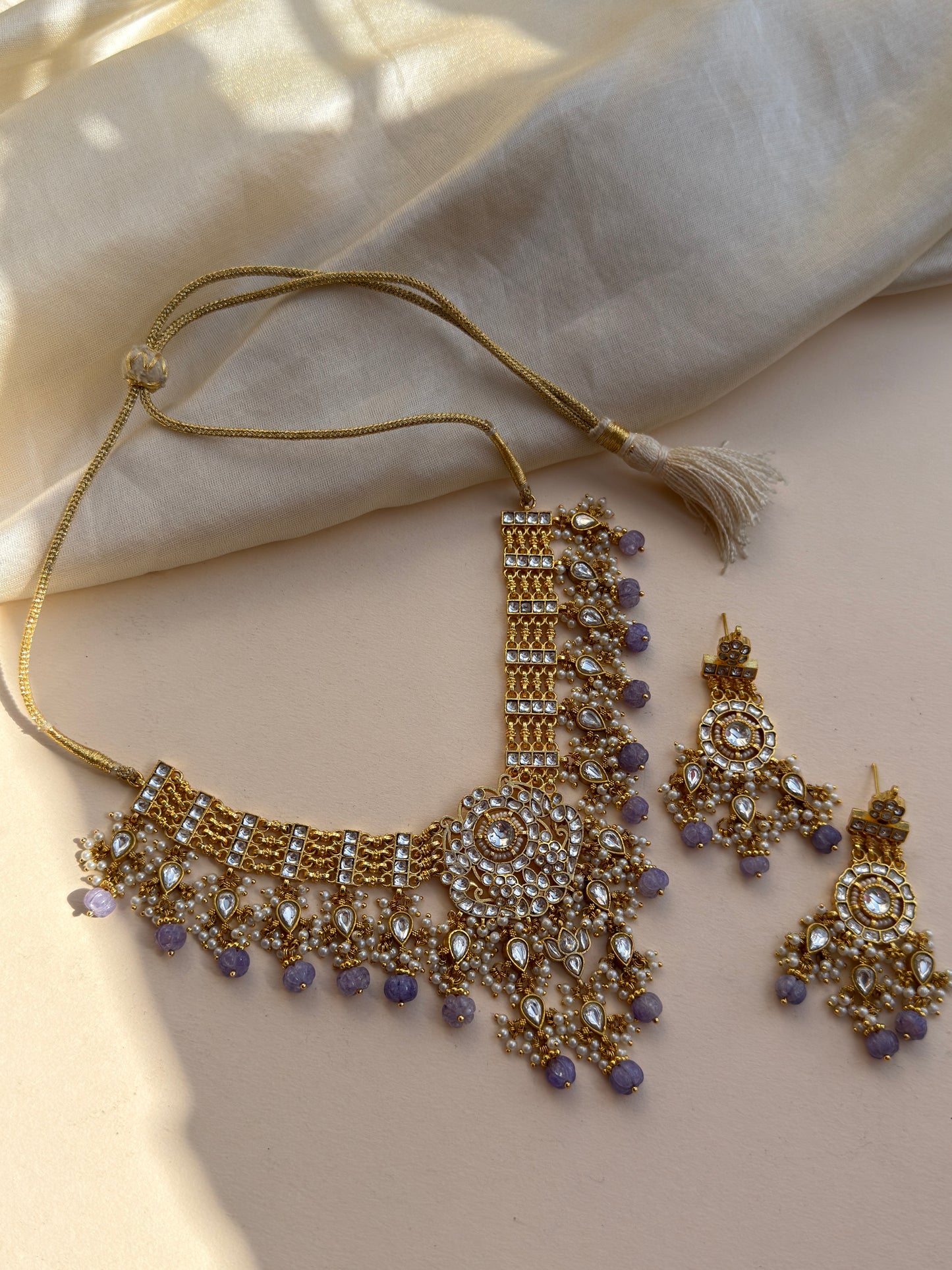White Jadau Necklace with Purple Pumpkin Drop