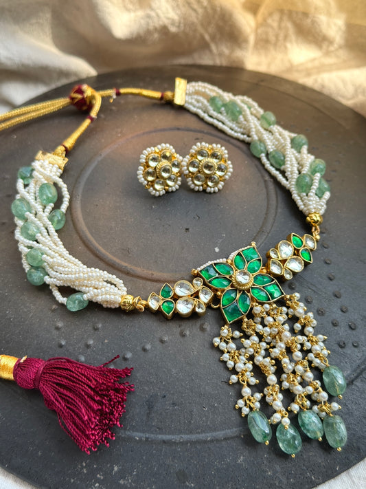 Multi Strand moti Choker with Big Floral pendant