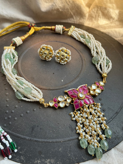 Multi Strand moti Choker with Big Floral pendant