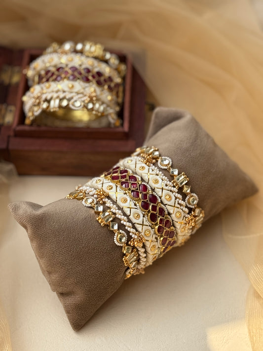 Modern White, Maroon and Gold Plated Chuda Set