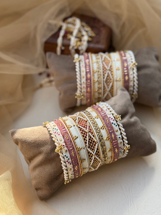White and Pastel Pink Gold studded Chuda Set for Bride