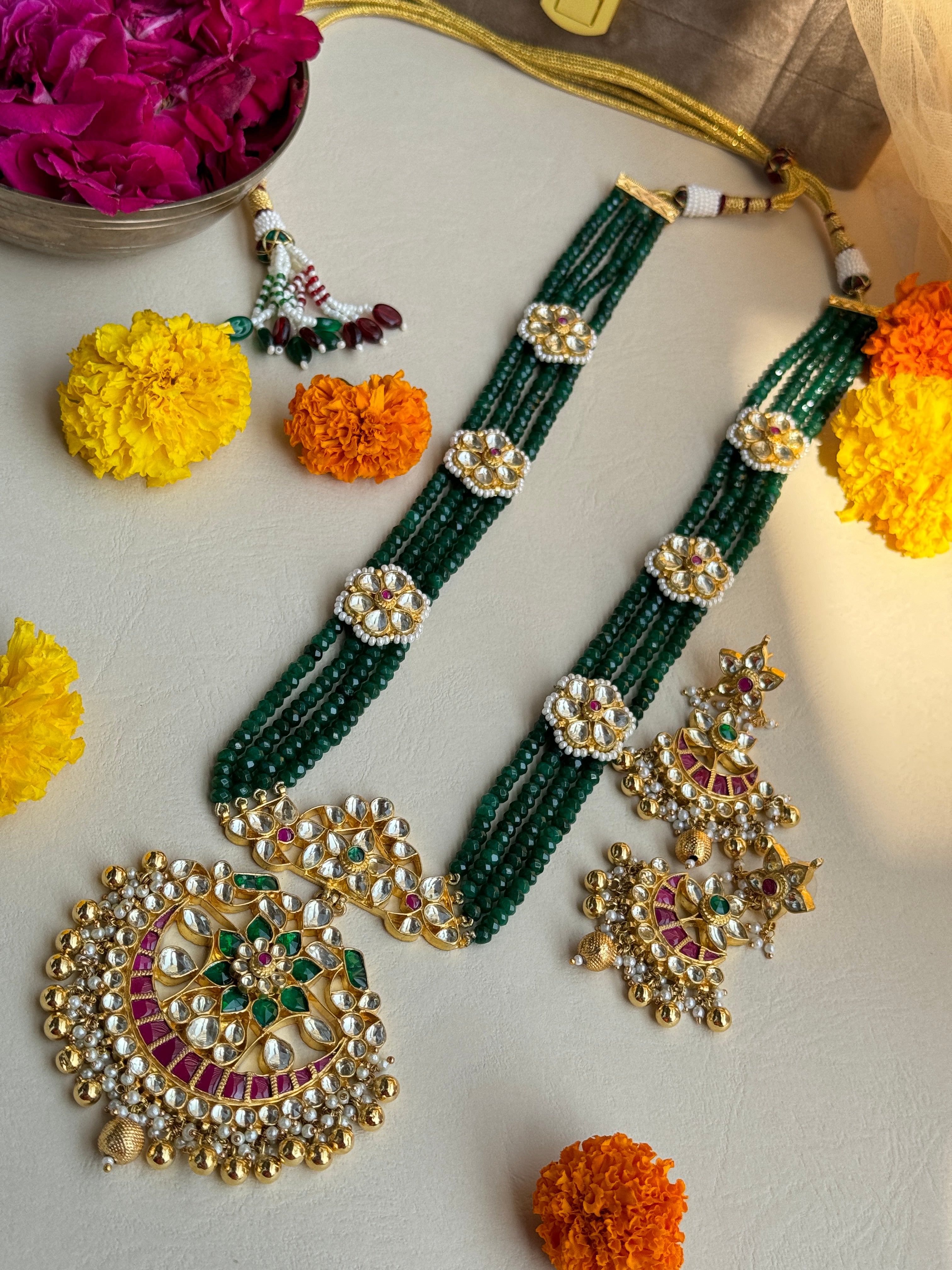 Dark Green Stone Strands Long Haar with Chand Pendant