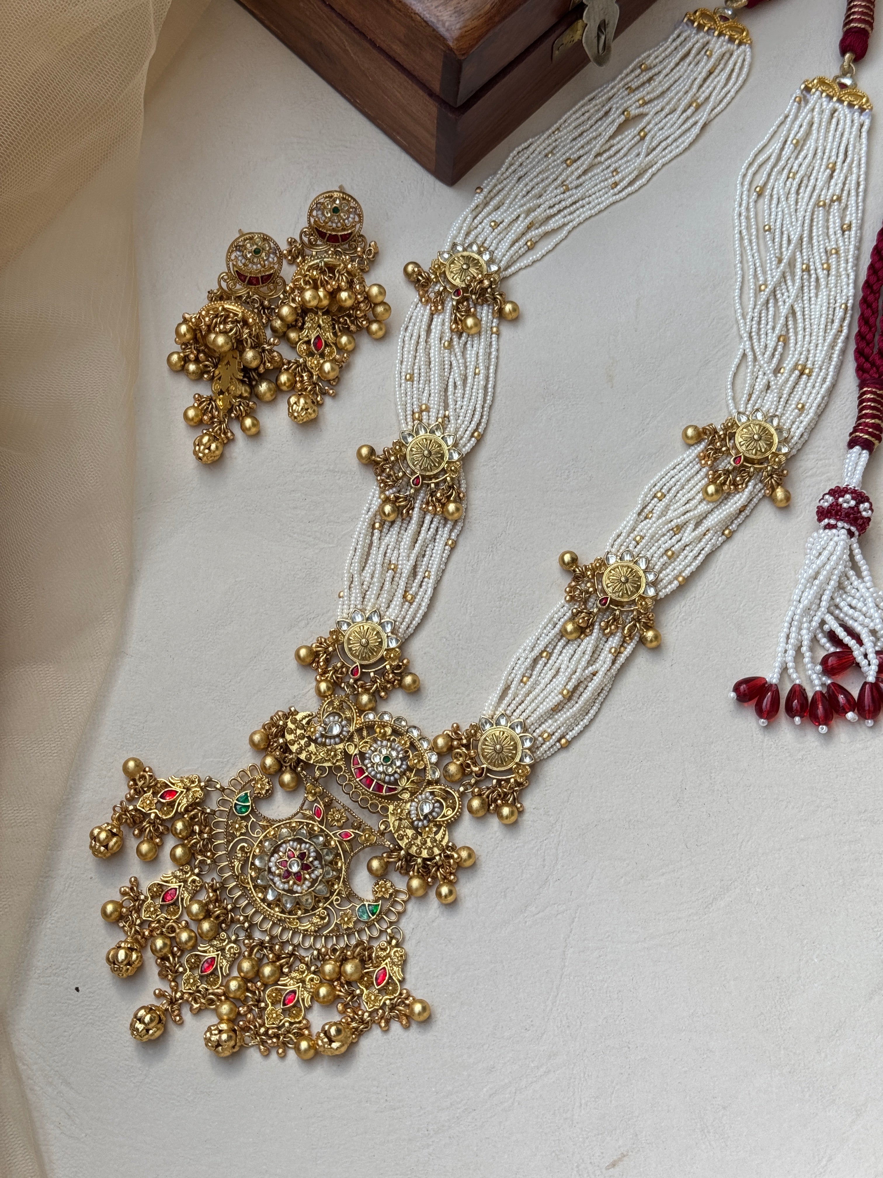Heritage Long Moti Harr Necklace Set with Danglers