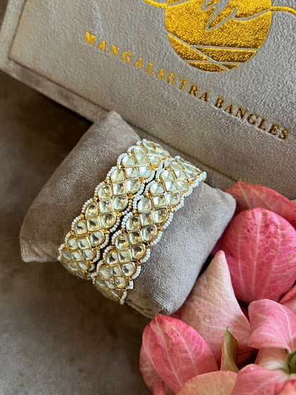 Gold Plated Jadau Stone Bangles with Small Moti Edges
