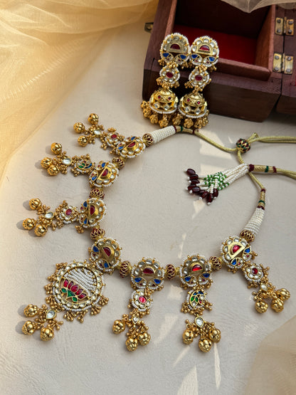 Traditional Gold plated Lotus Pendant Dangler Necklace Set